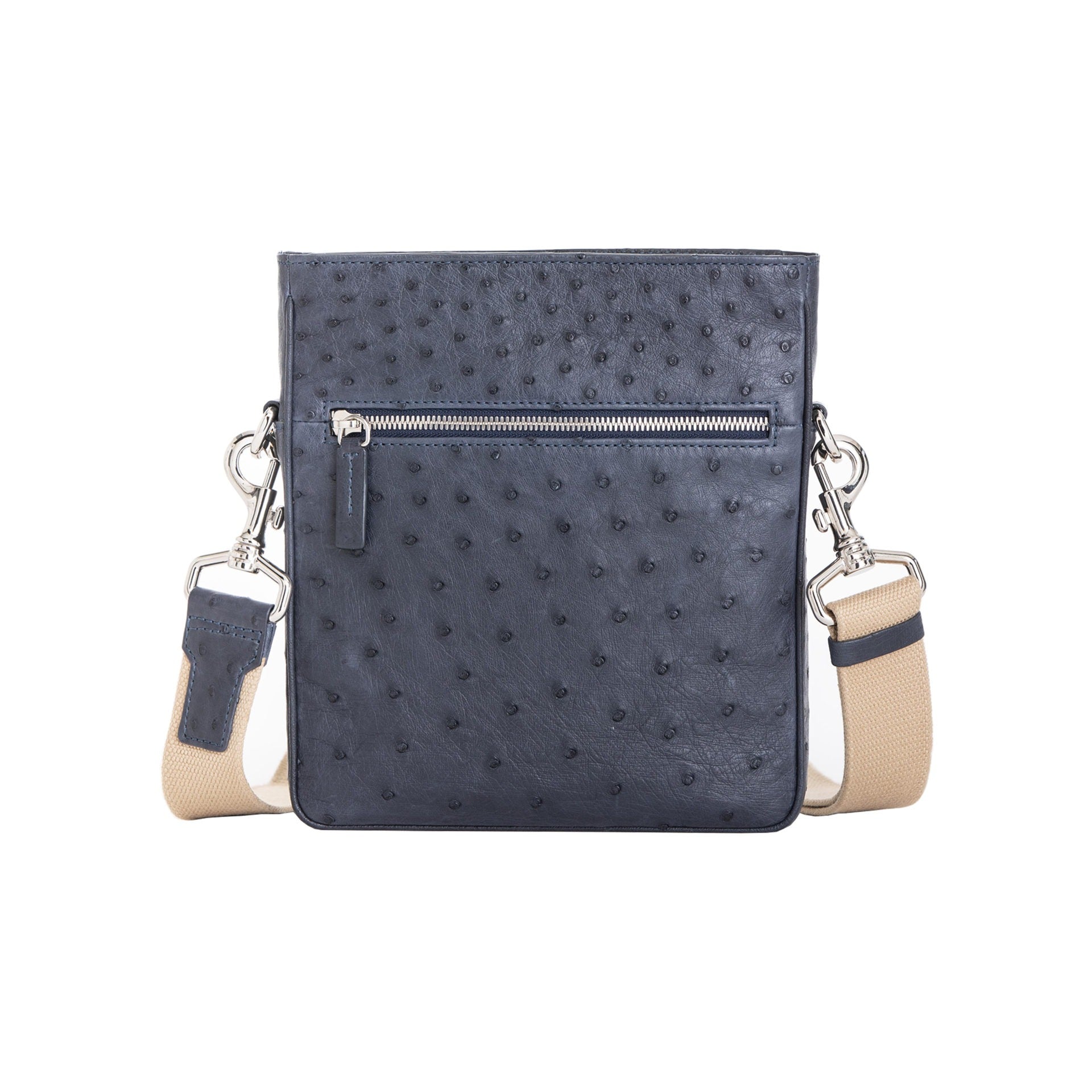 Navy ostrich leather crossbody bag with zipper and strap on a white background