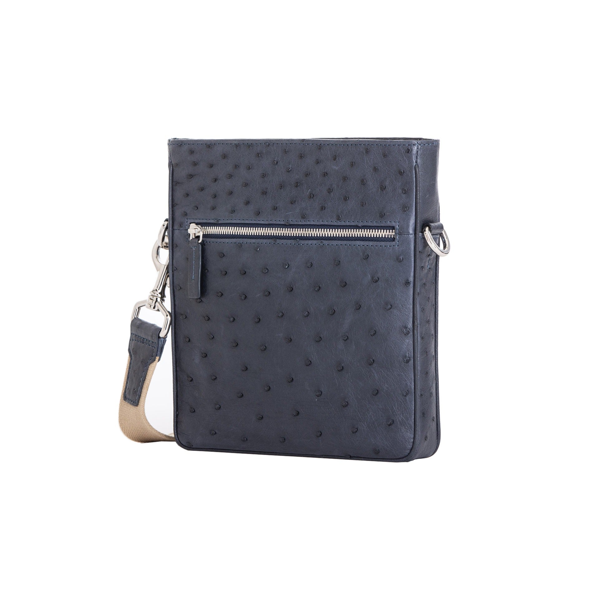 Navy ostrich leather crossbody bag with zipper on a white background