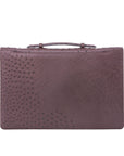 Back view of ostrich textured briefcase with a silver clasp on a white background