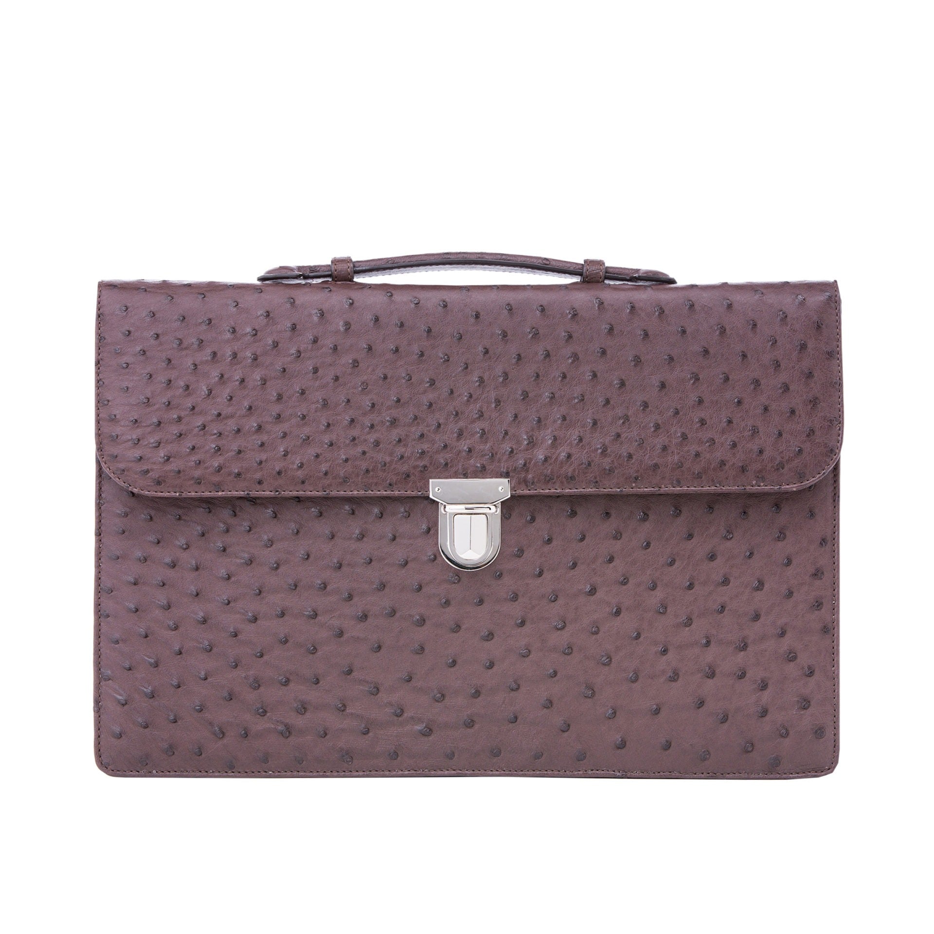 Ostrich textured briefcase with a silver clasp on a white background