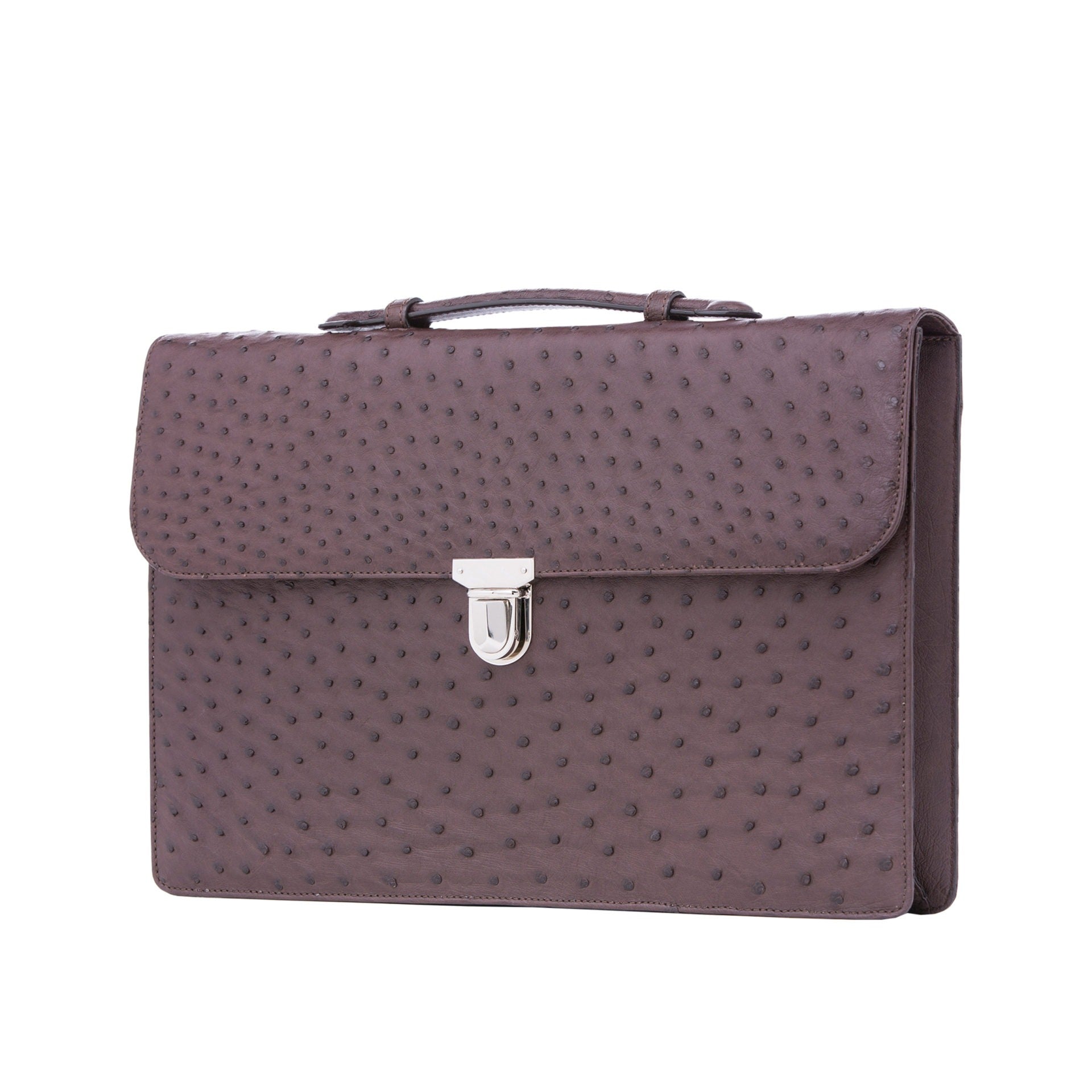 Side view of ostrich textured briefcase with a silver clasp on a white background