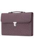 Side view of ostrich textured briefcase with a silver clasp on a white background