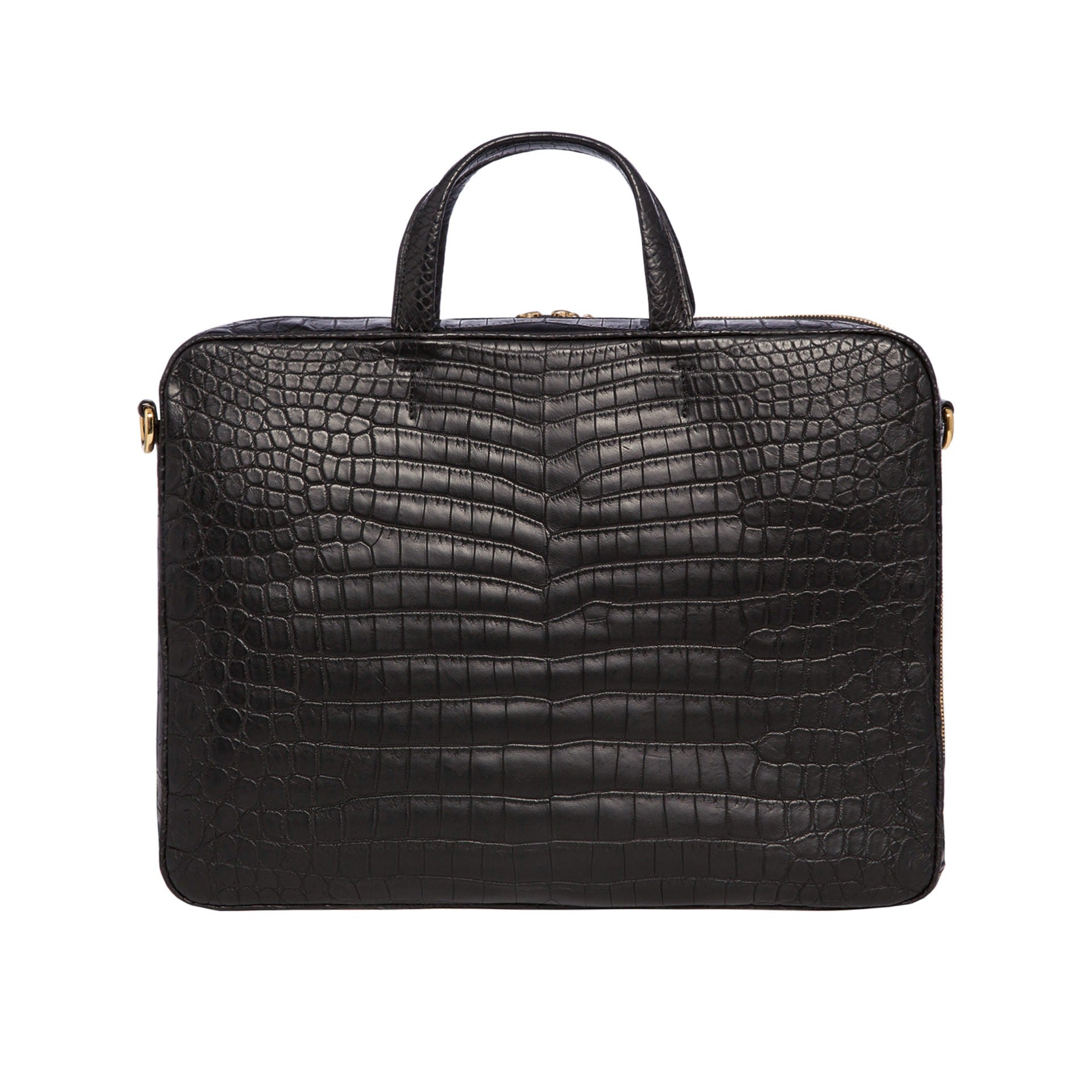 Large black crocodile laptop bag with handles on a white background