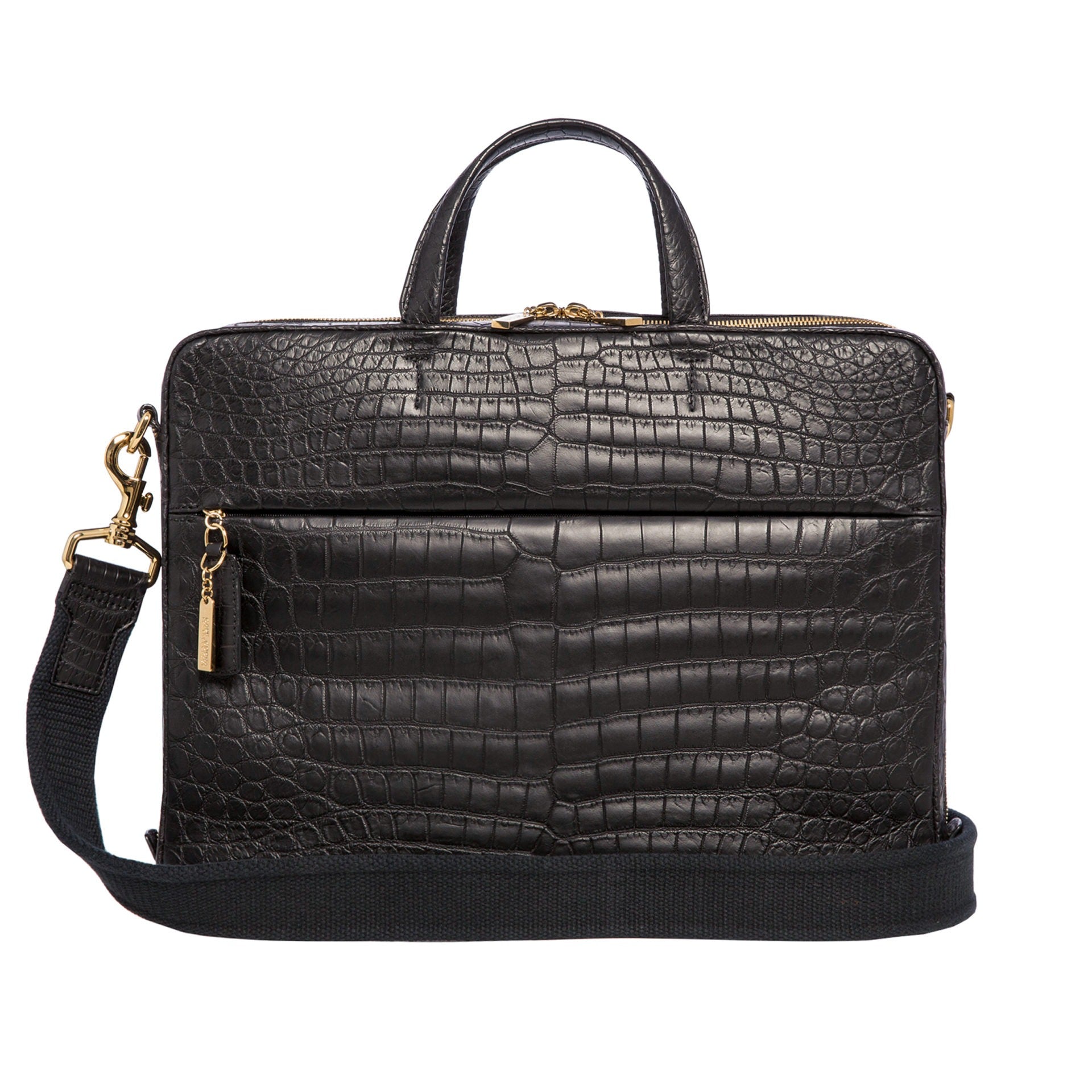 Large black crocodile laptop bag with strap on a white background