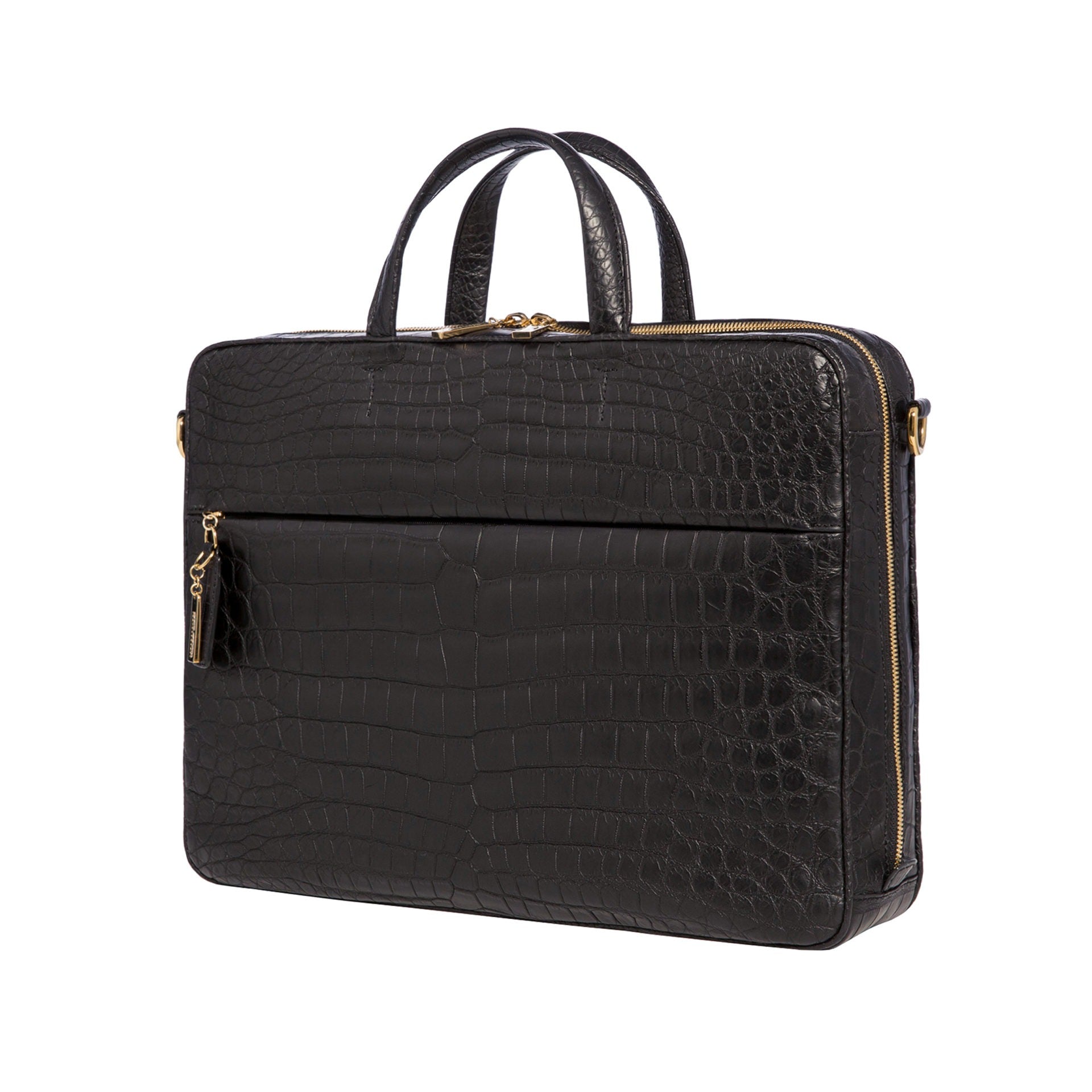 Large black crocodile laptop bag with handles on a white background
