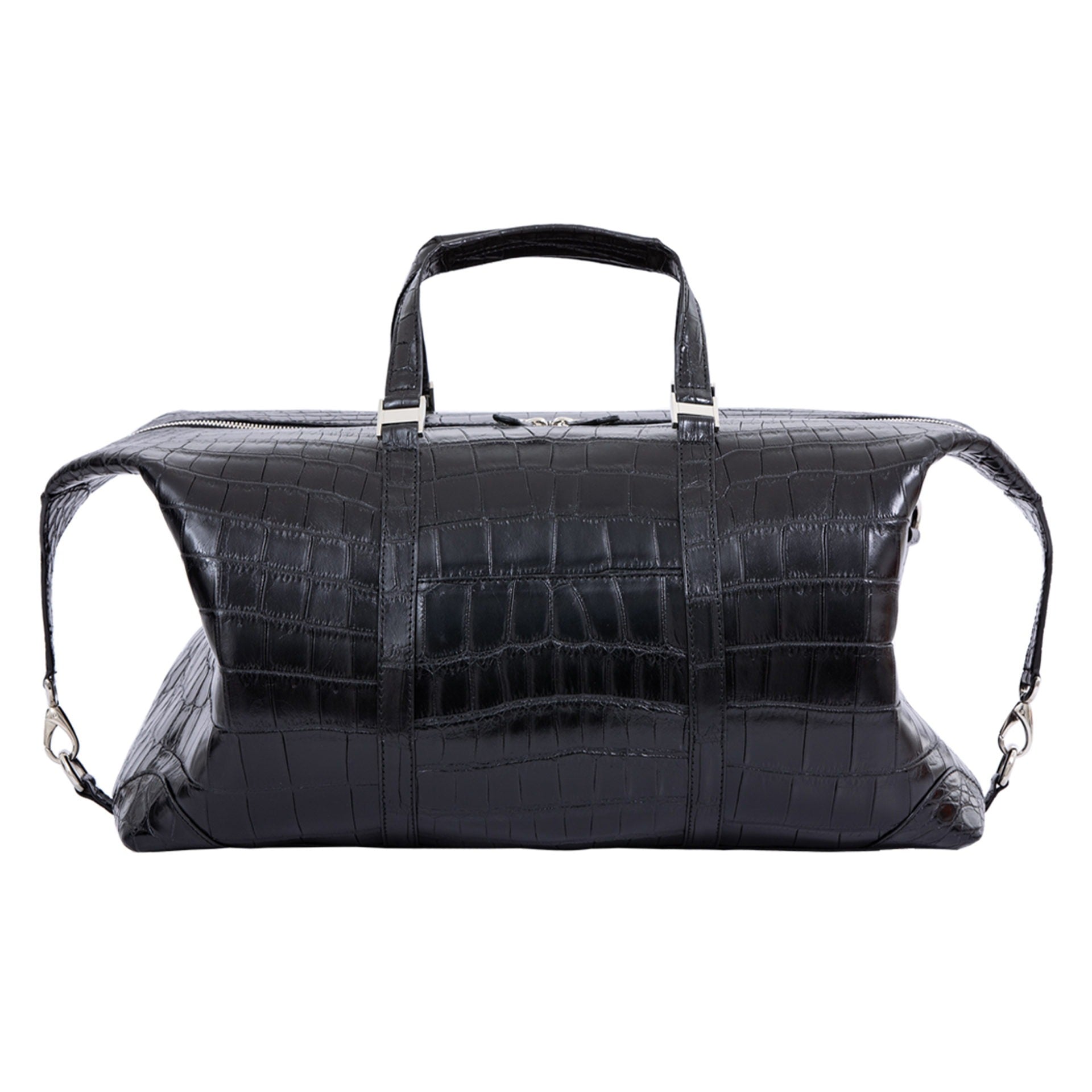 Large black crocodile bag with straps on a white background