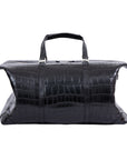 Large black crocodile bag with straps on a white background
