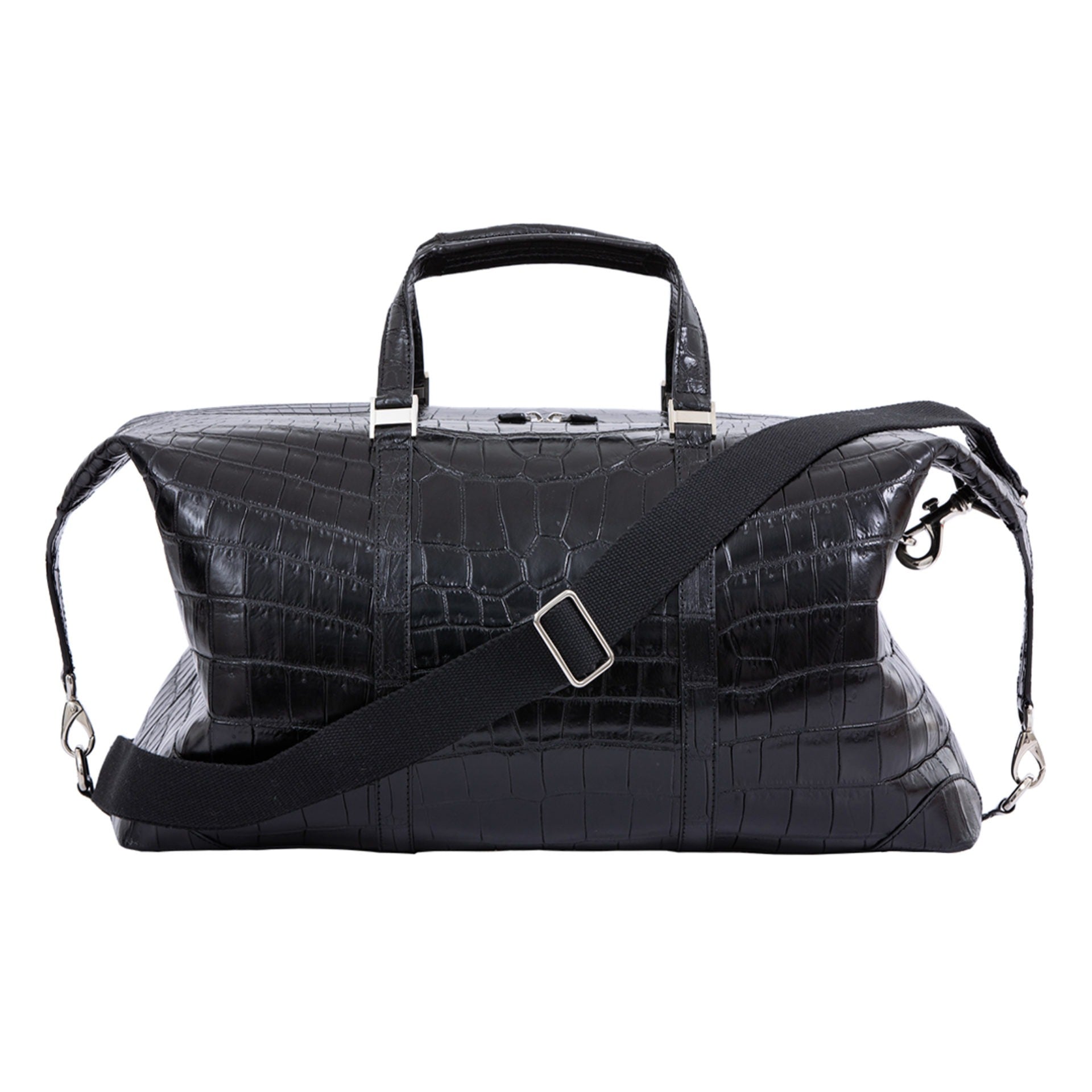 Large black crocodile bag with straps on a white background