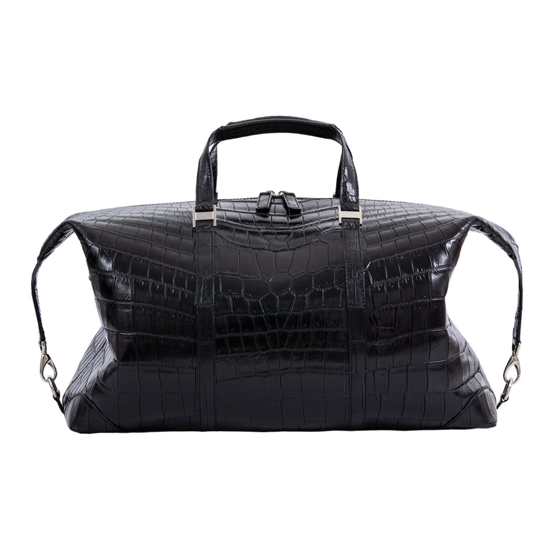 Large black crocodile bag with straps on a white background