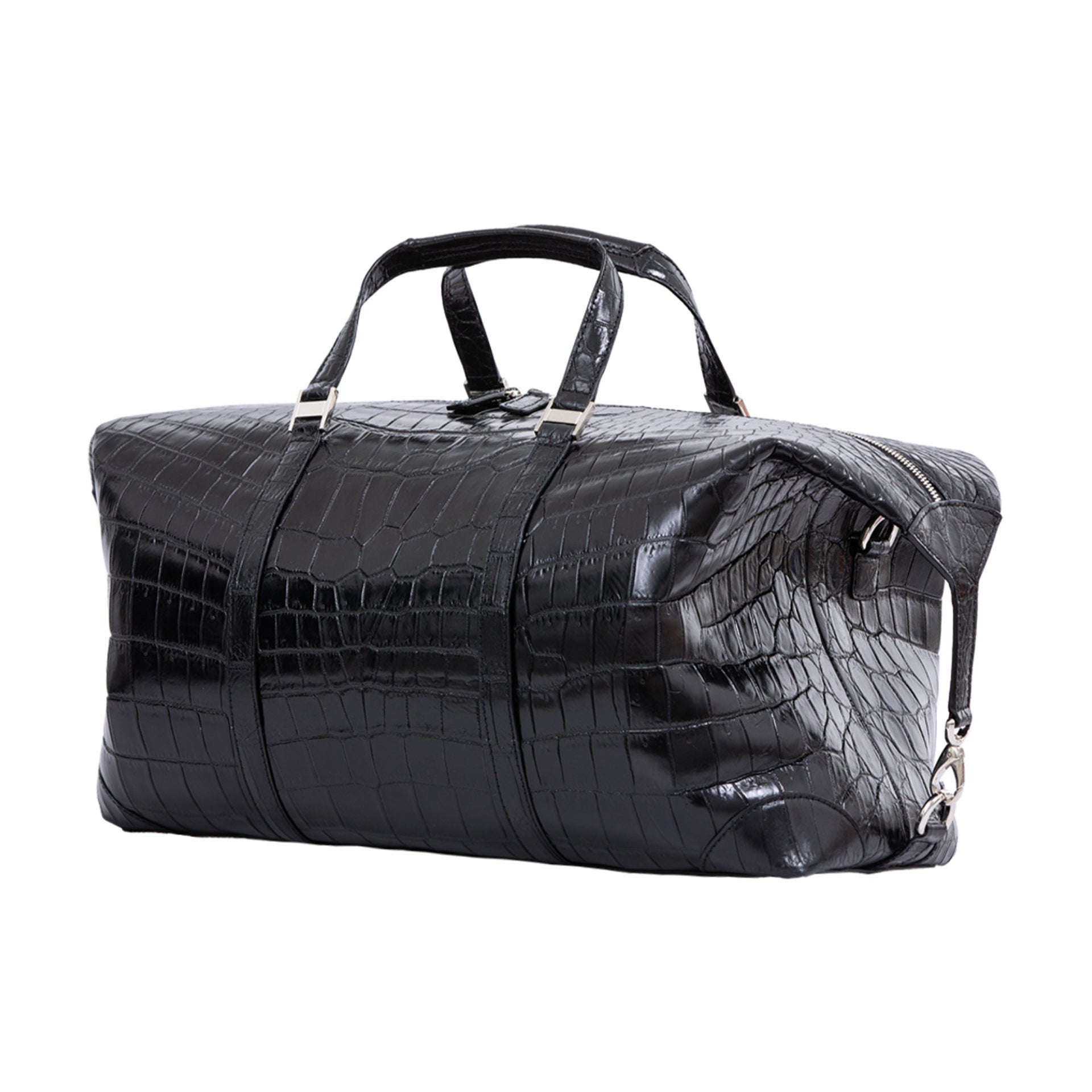 Large black crocodile bag with straps on a white background