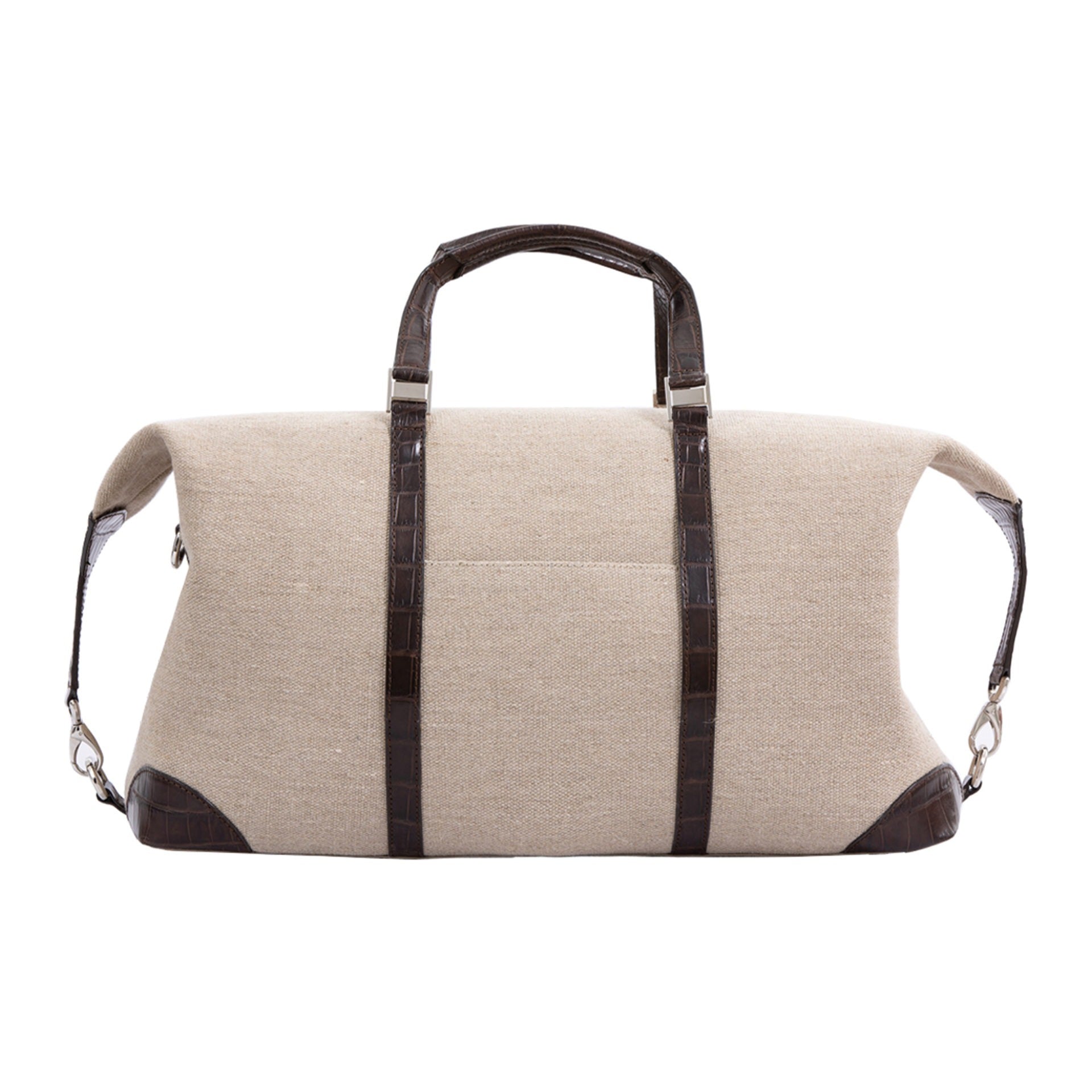 Large beige bag with brown crocodile straps on a white background