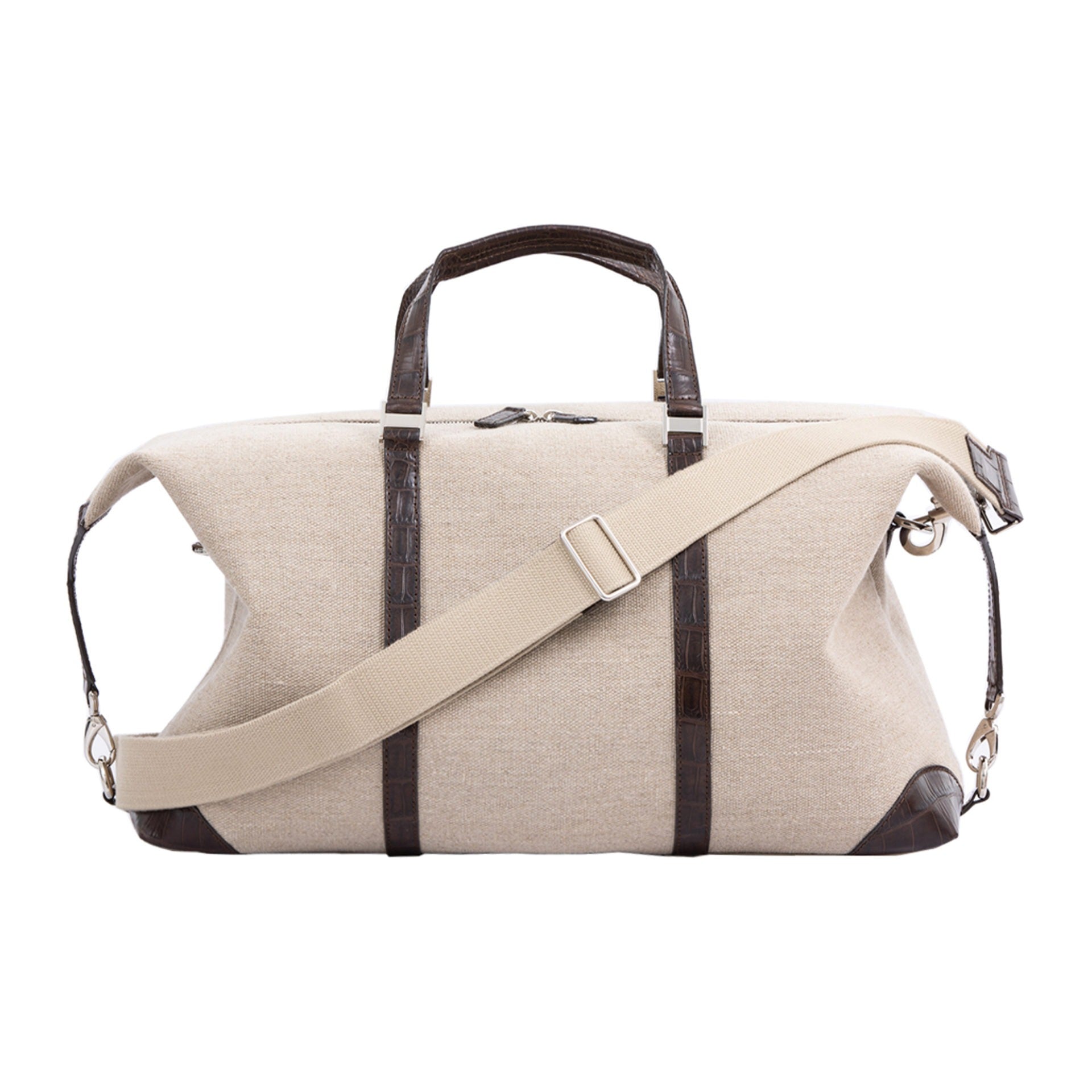Large beige bag with brown crocodile straps on a white background