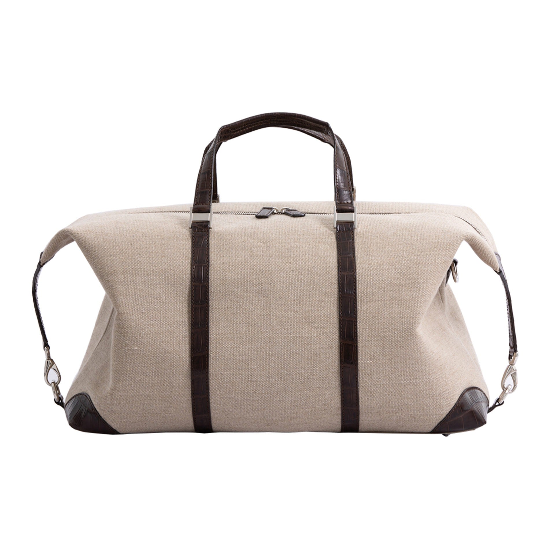 Large beige bag with brown crocodile straps on a white background