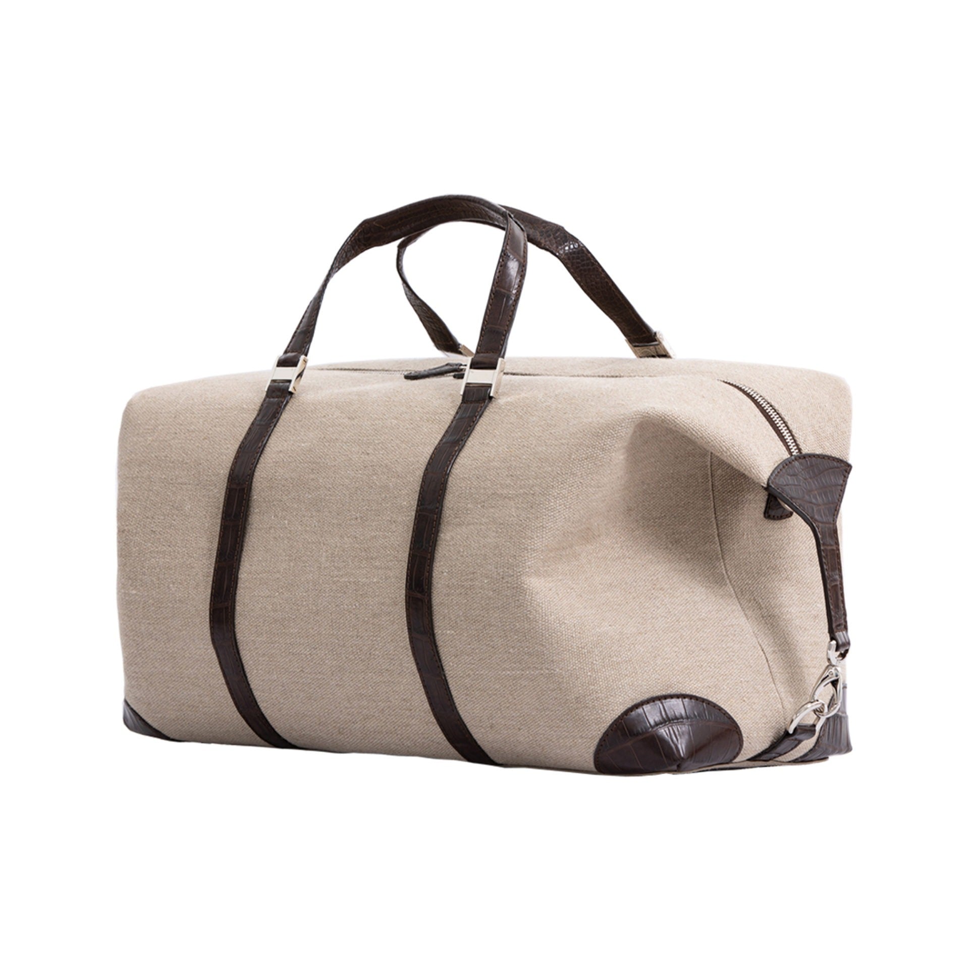 Large beige bag with brown crocodile straps on a white background