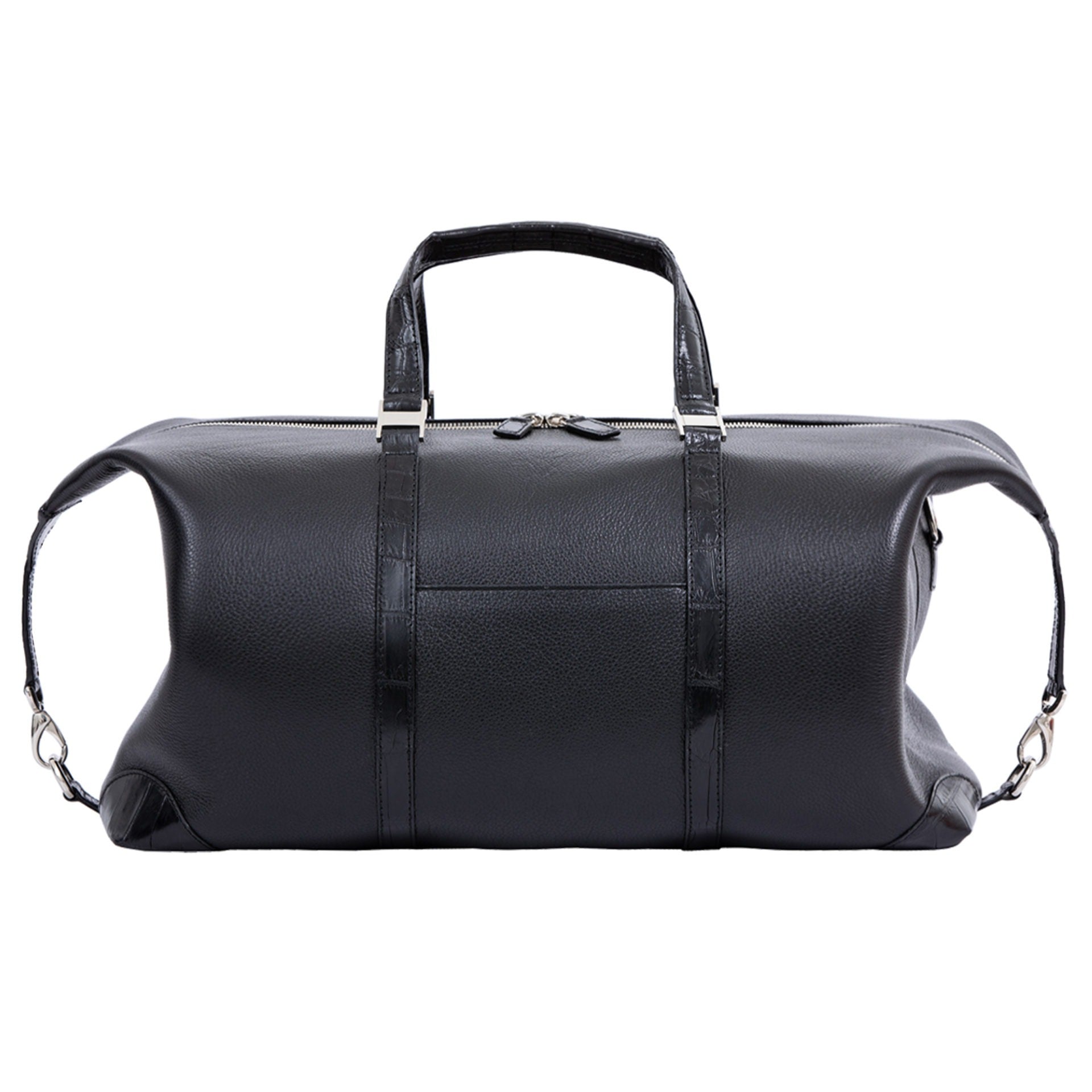 Large black bag with crocodile straps on a white background