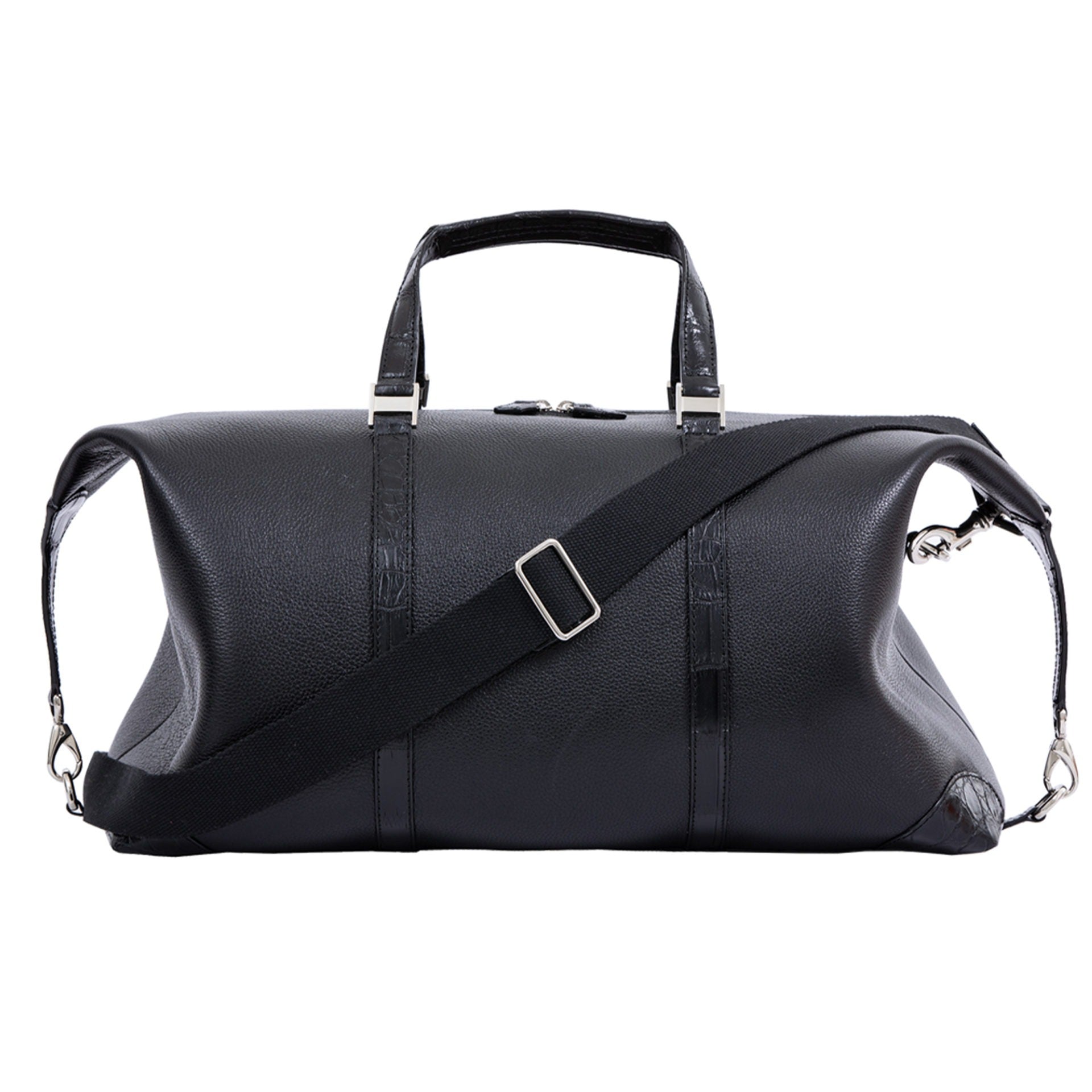 Large black bag with crocodile straps on a white background