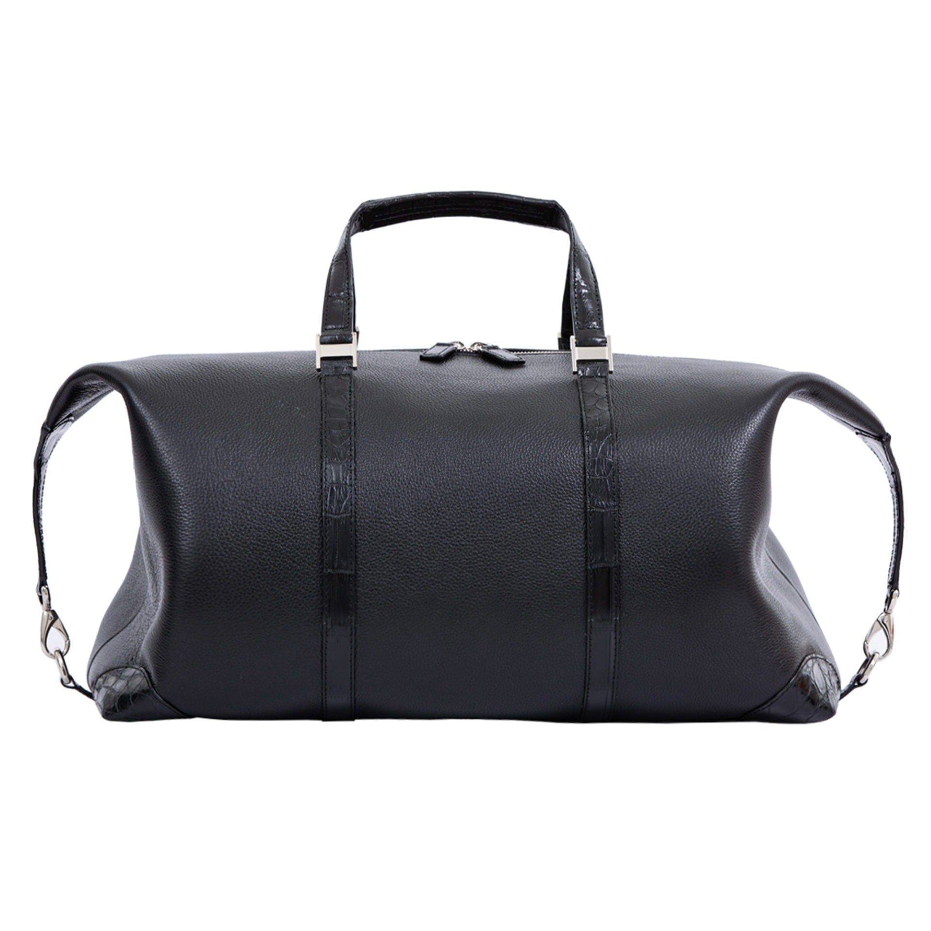 Large black bag with crocodile straps on a white background