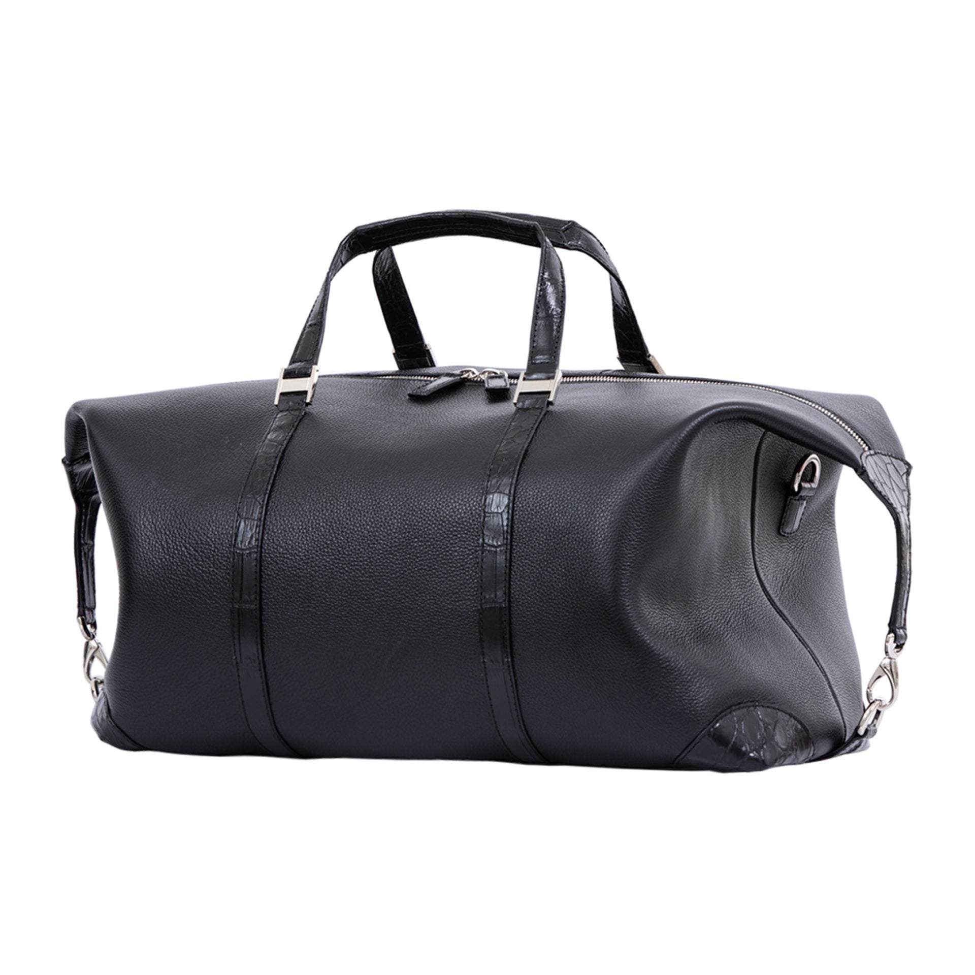 Large black bag with crocodile straps on a white background
