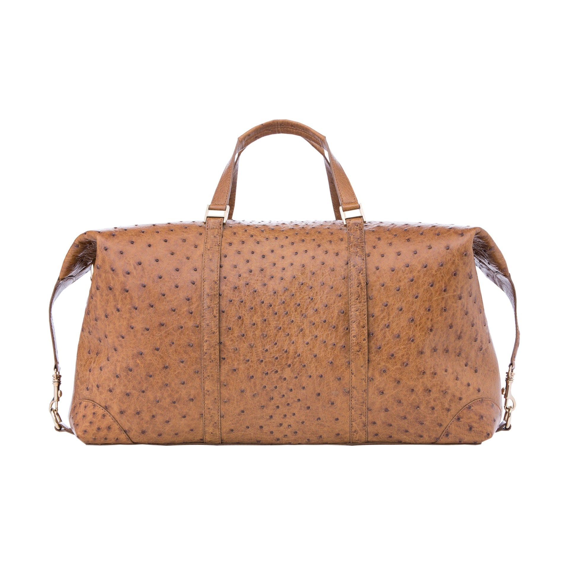 Large brown ostrich bag with handles on a white background