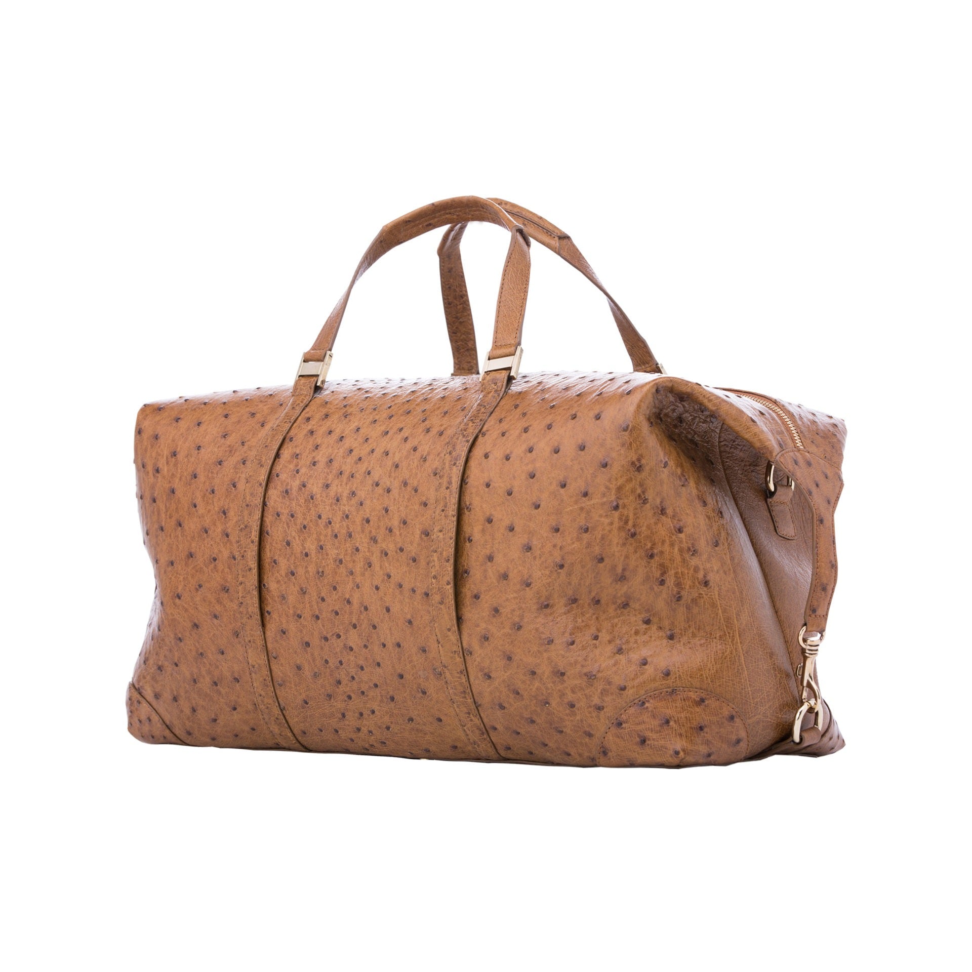 Large brown ostrich bag with handles on a white background