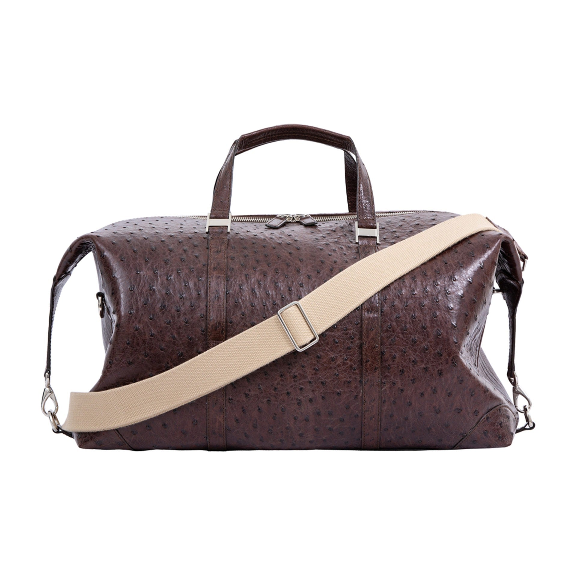 Large kango brown ostrich bag wih strap on a white background