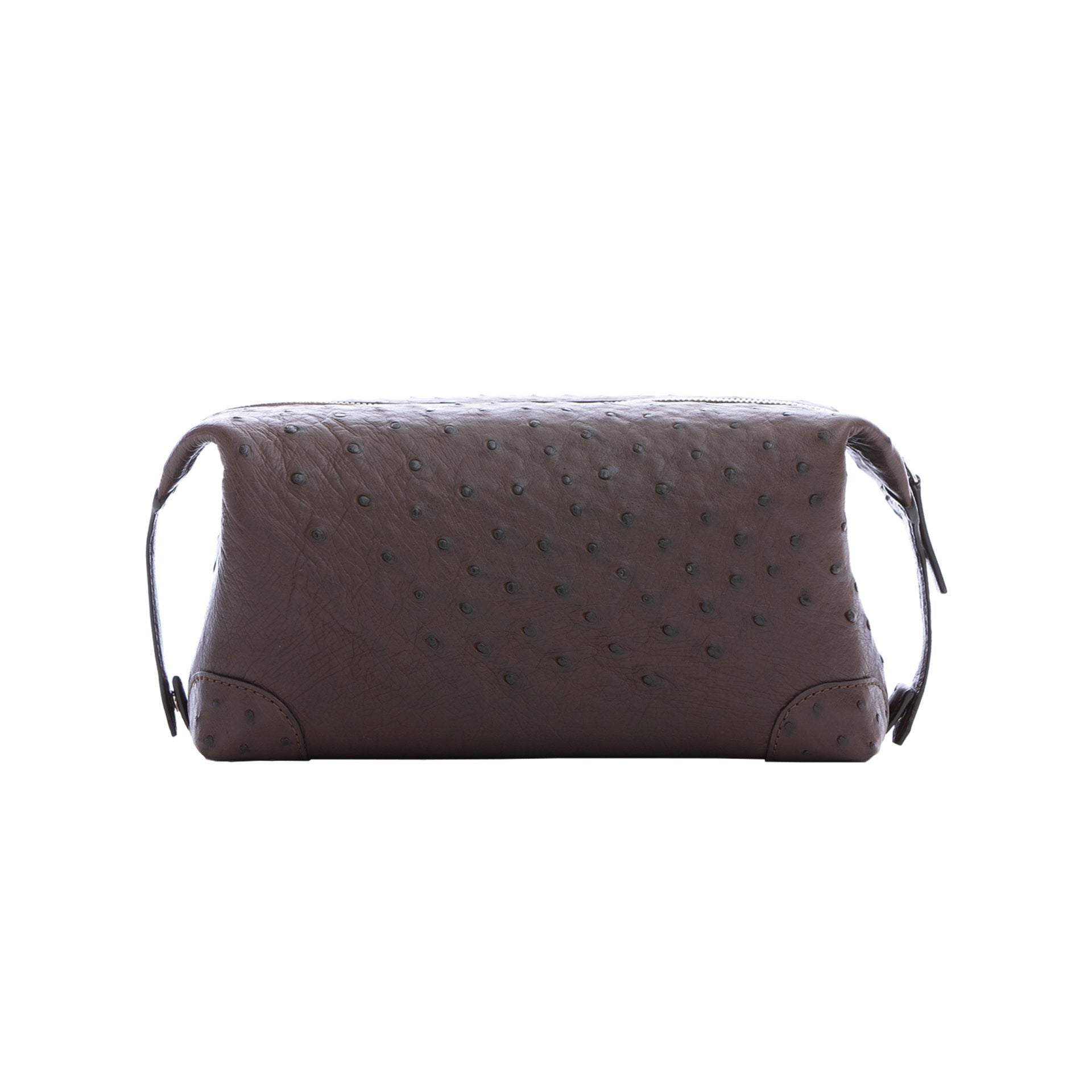 Brown ostrich textured pouch on a white background