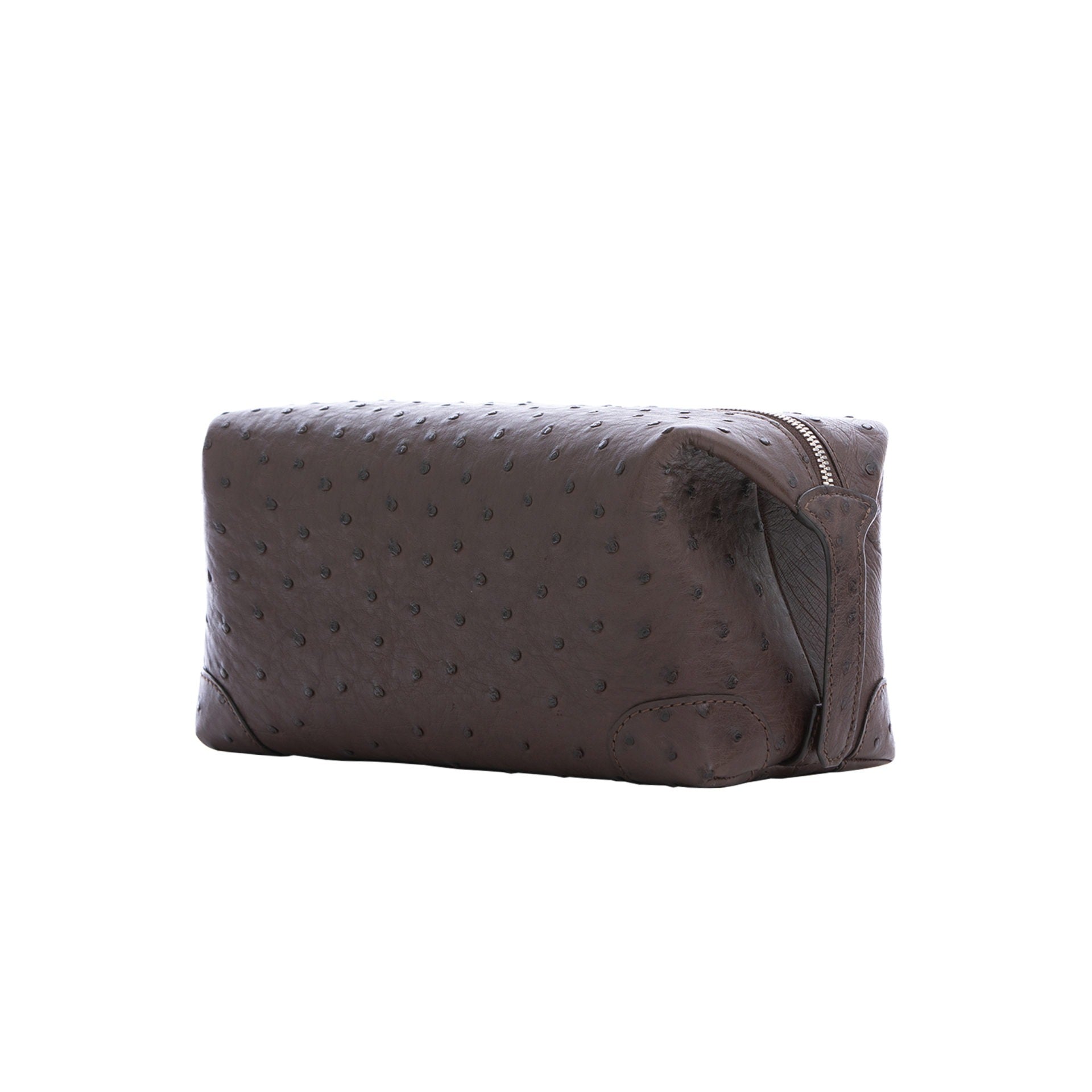 Brown ostrich textured pouch on a white background