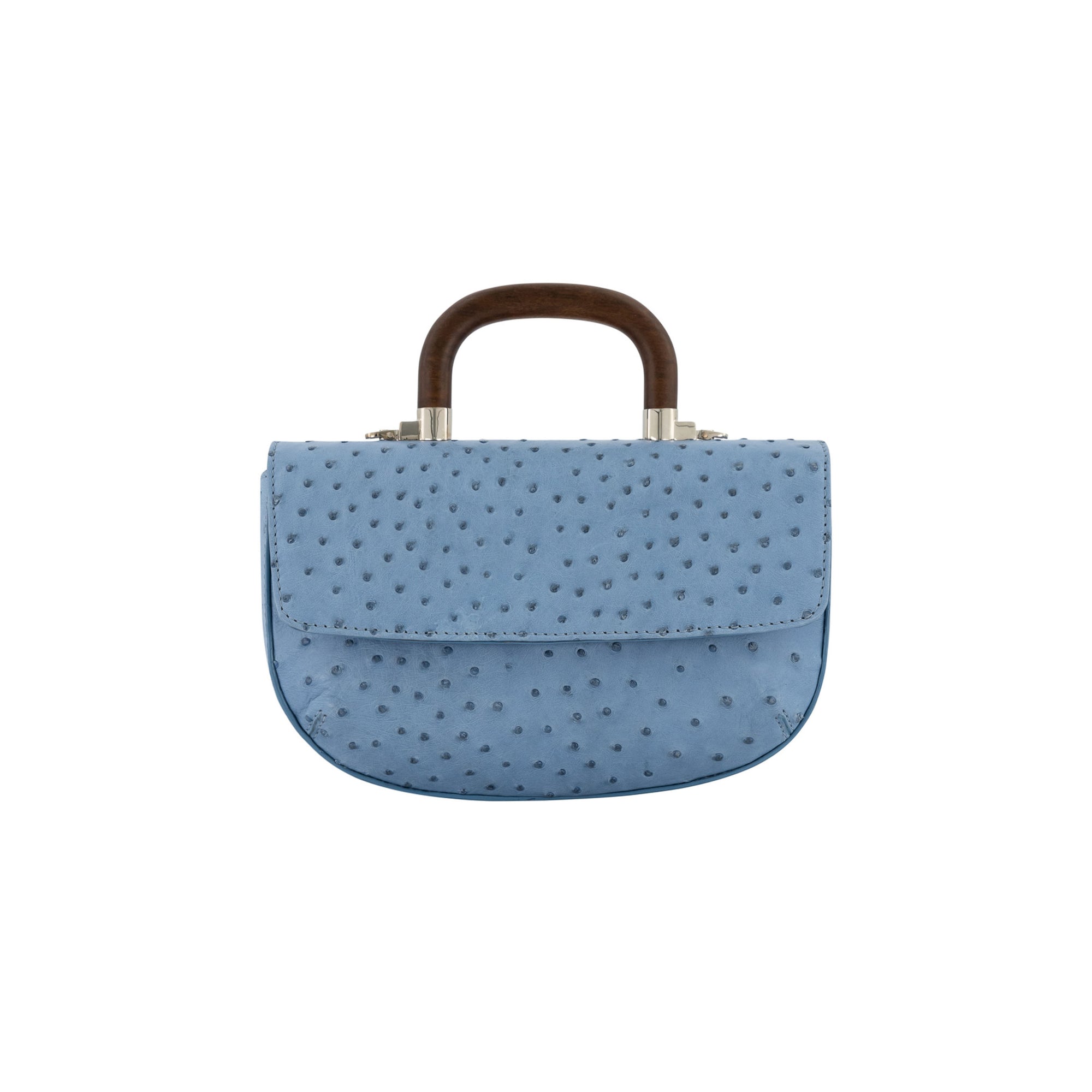 Front of a blue ostrich handbag with a wooden handle on a white background
