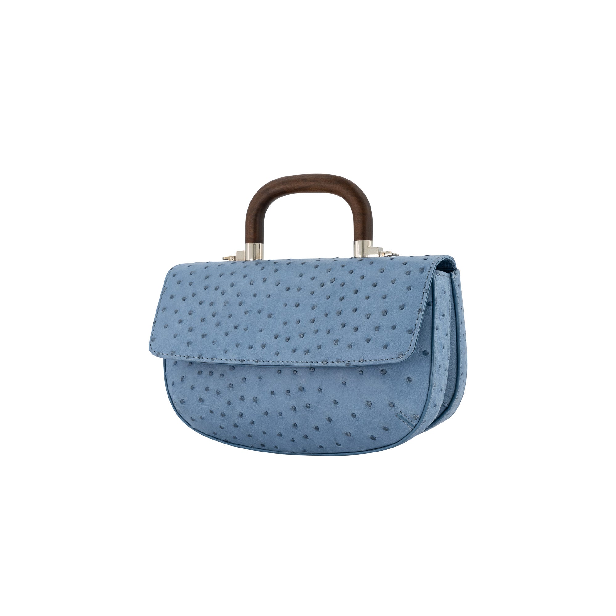 Side of a blue ostrich handbag with a wooden handle on a white background