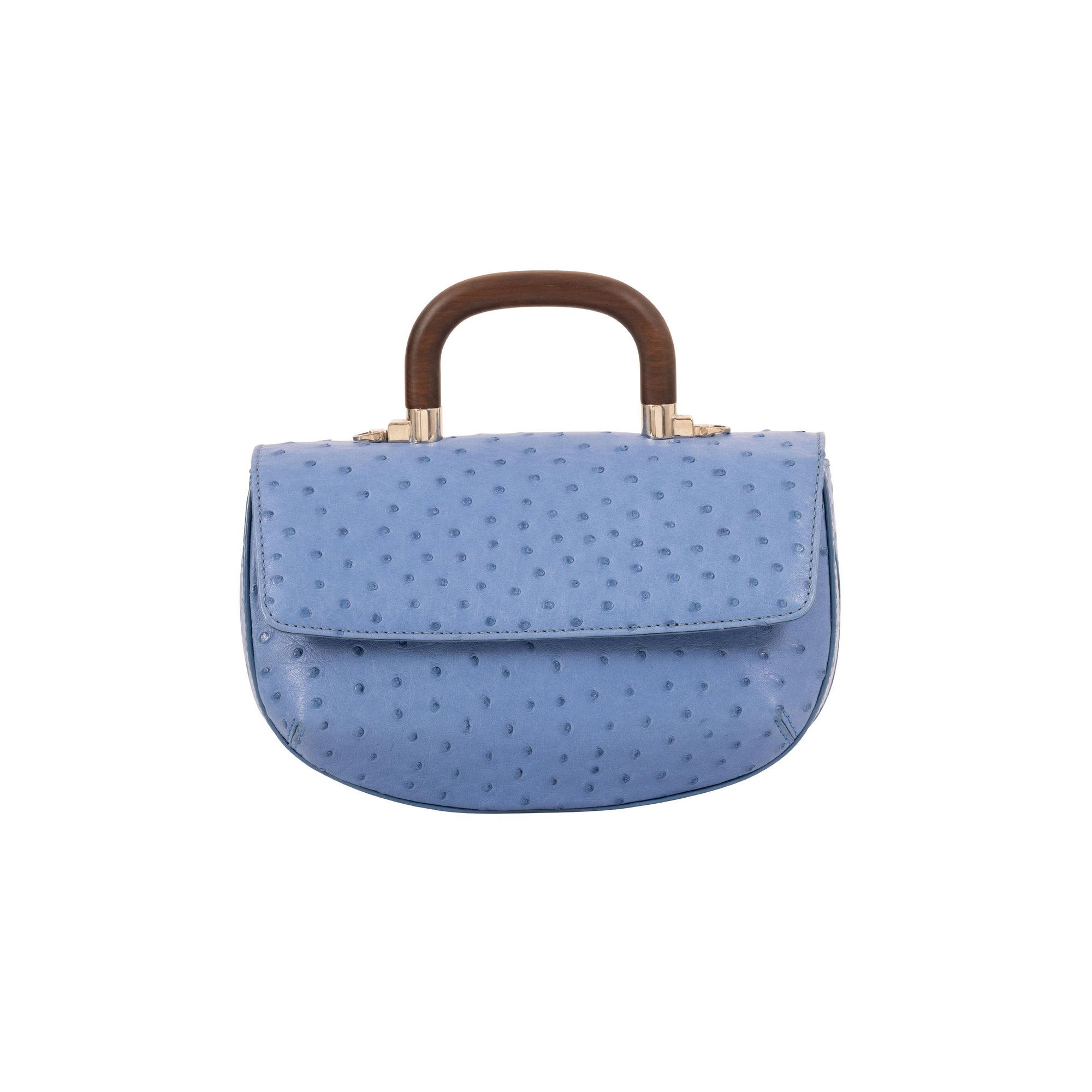 Front of a blue ostrich handbag with a wooden handle on a white background