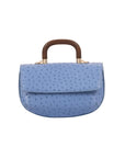 Front of a blue ostrich handbag with a wooden handle on a white background