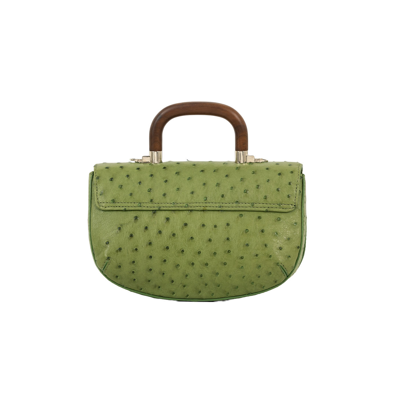 Back of a green ostrich handbag with a  wooden handle on a white background