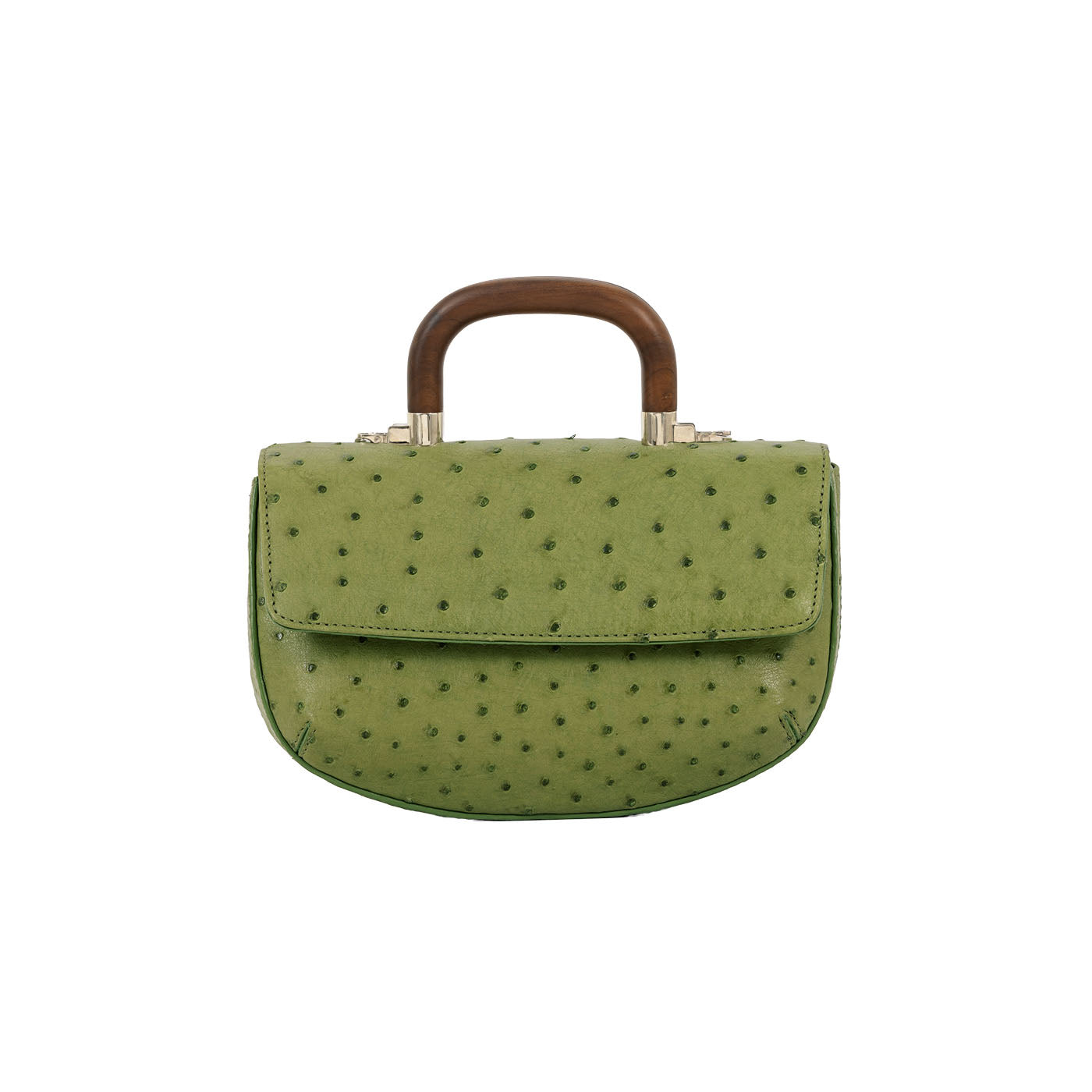 Front of a green ostrich handbag with a  wooden handle on a white background