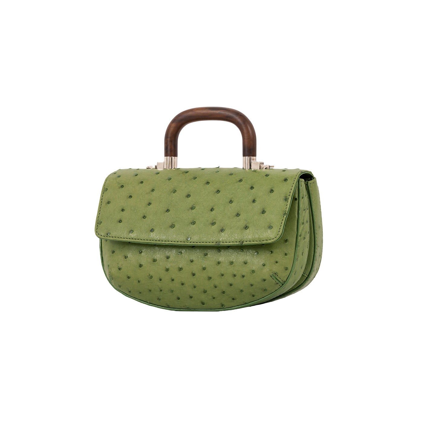 Side of a green ostrich textured handbag with wooden handle on a white background