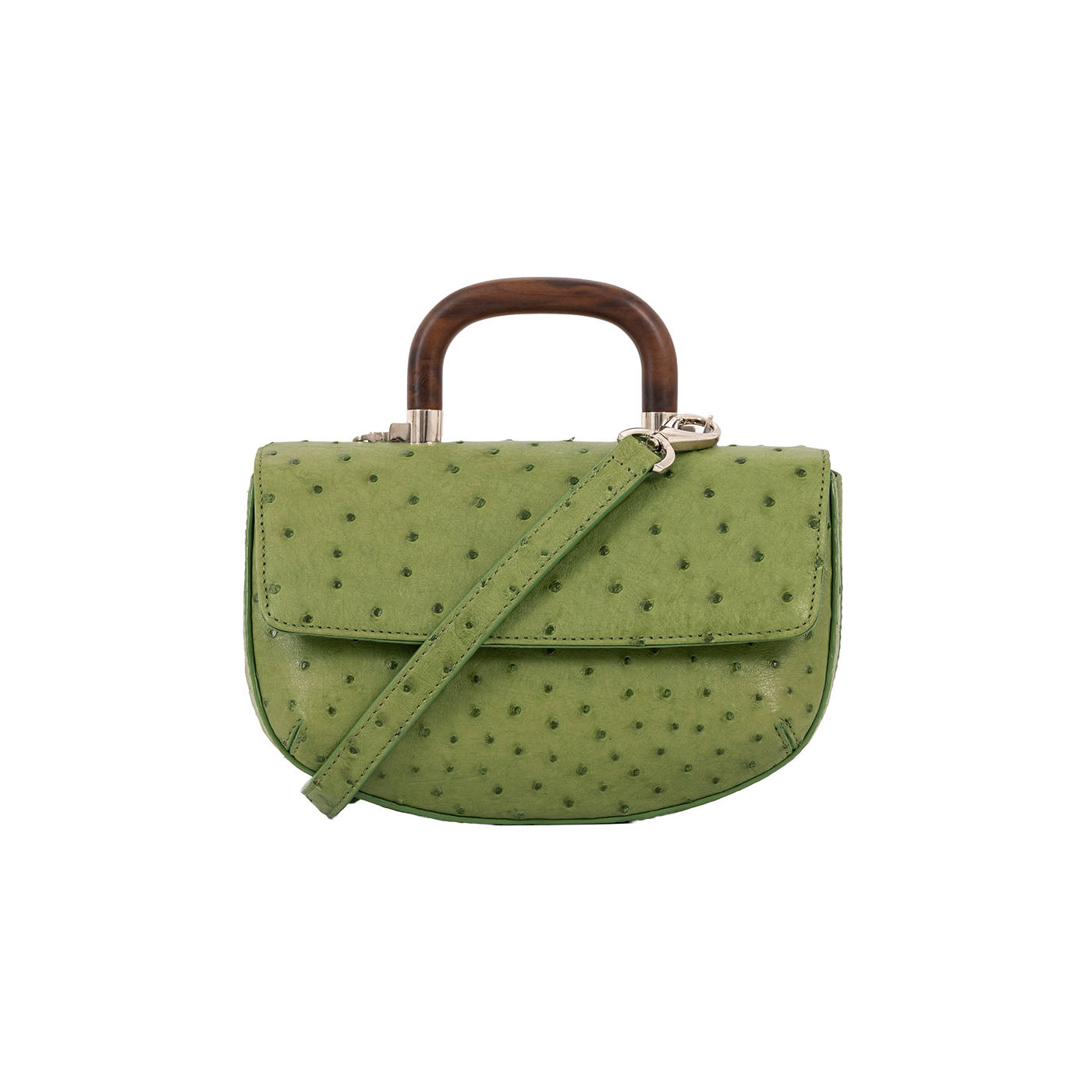 Front of a green ostrich handbag with a strap and wooden handle on a white background