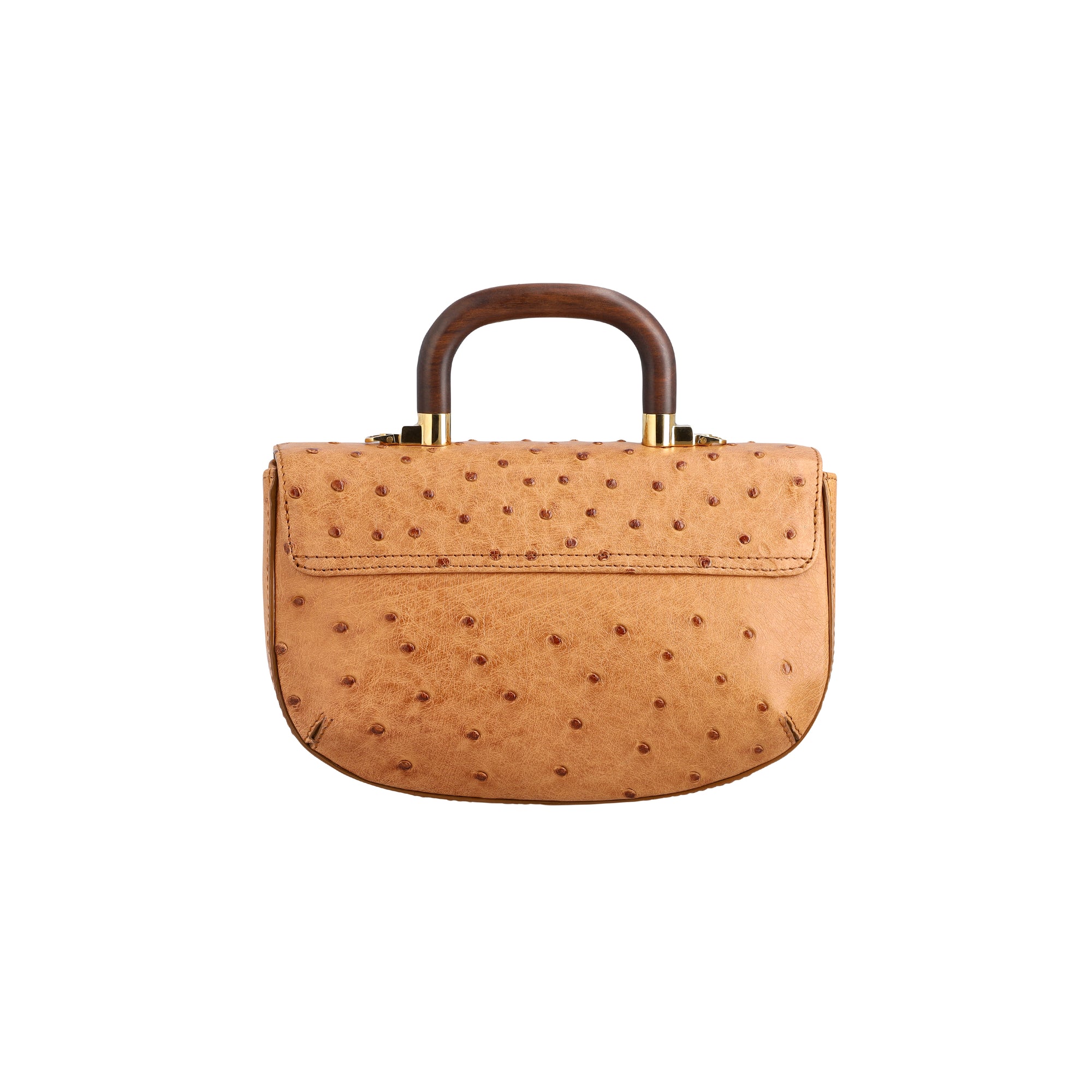 Back of a brown ostrich-patterned handbag with wooden handle on a white background