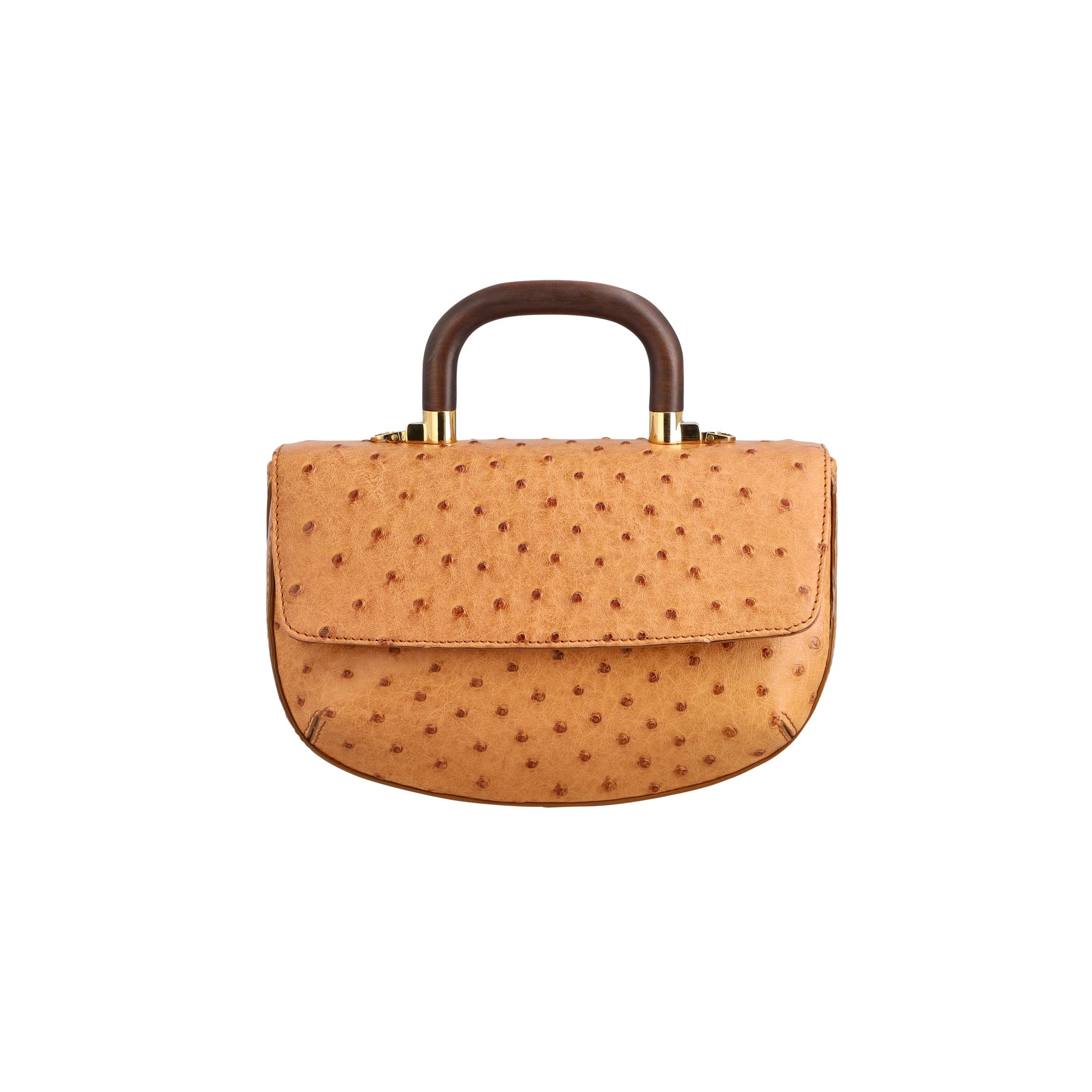 Front of a brown ostrich-patterned handbag with wooden handle on a white background
