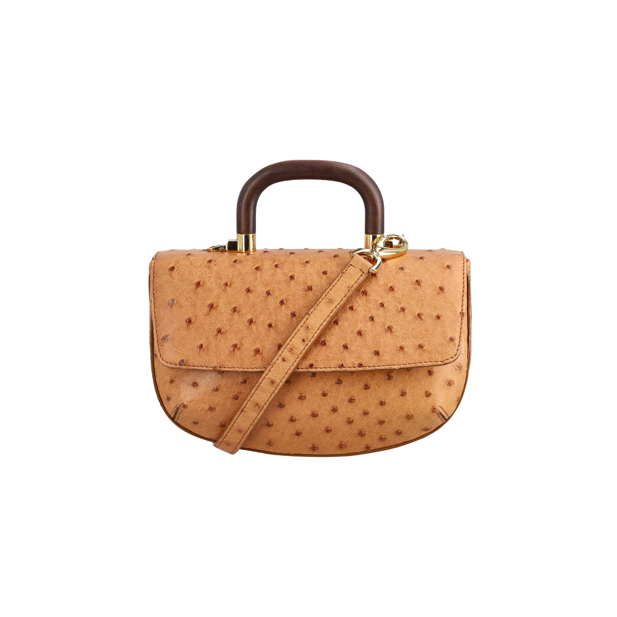 Front of a brown ostrich-patterned handbag with wooden handle on a white background