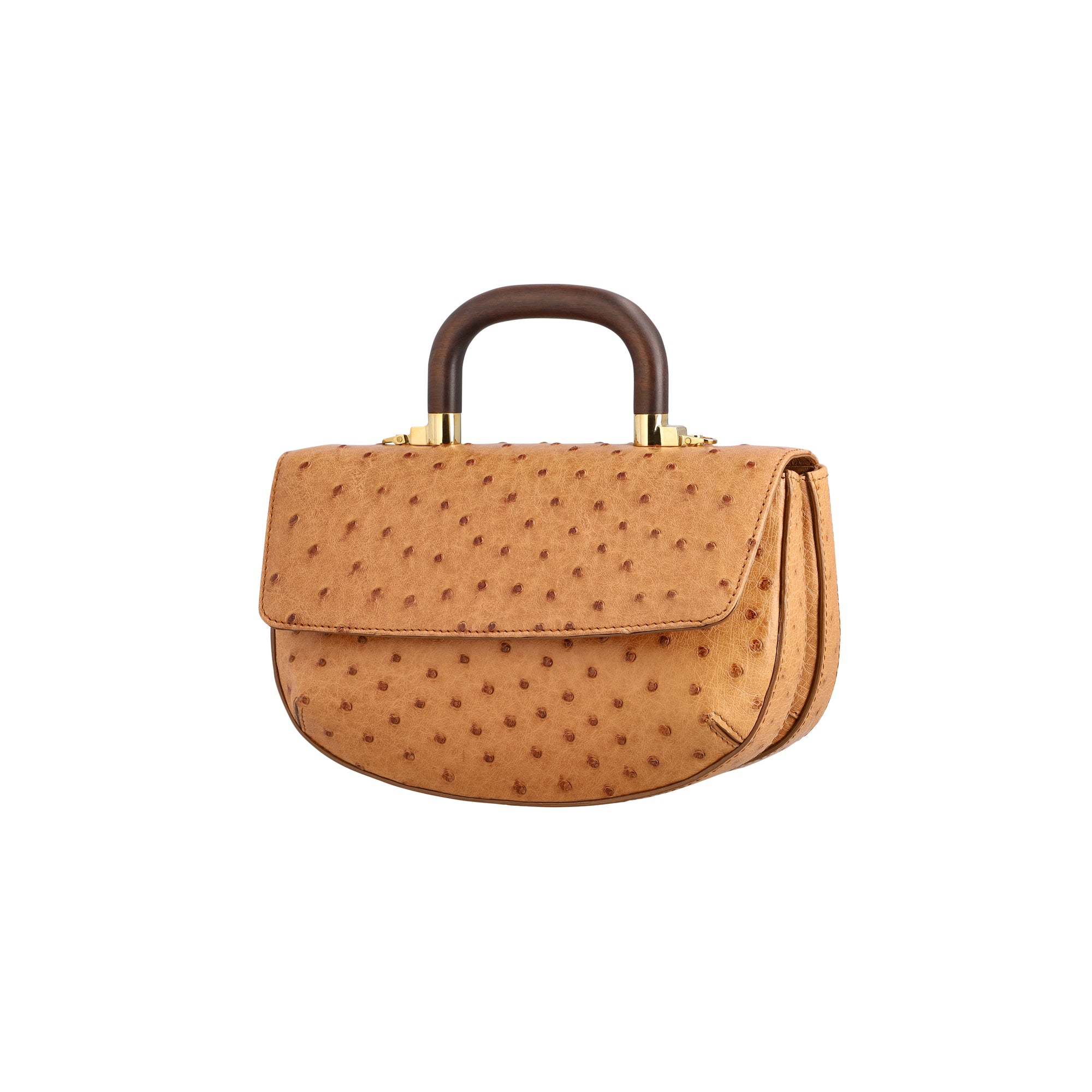 Side of a brown ostrich-patterned handbag with wooden handle on a white background