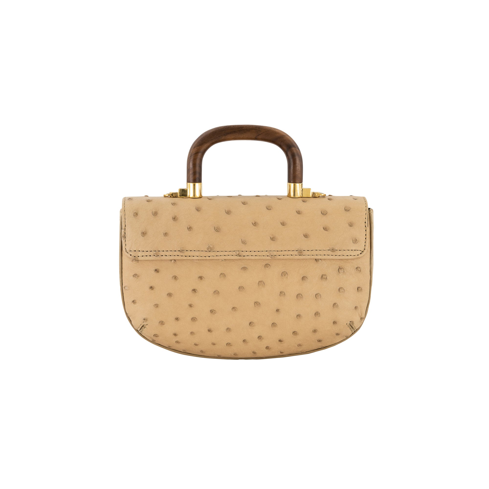 Back of a tan ostrich handbag with a wooden handle on a white background