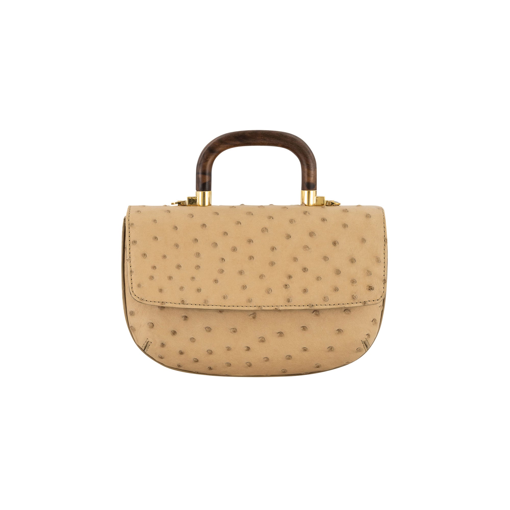 Front of a tan ostrich handbag with a wooden handle on a white background