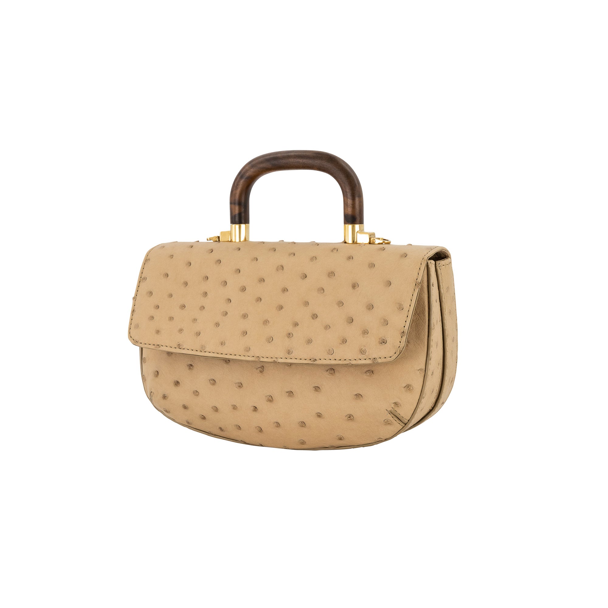 Side of a tan ostrich handbag with a wooden handle on a white background