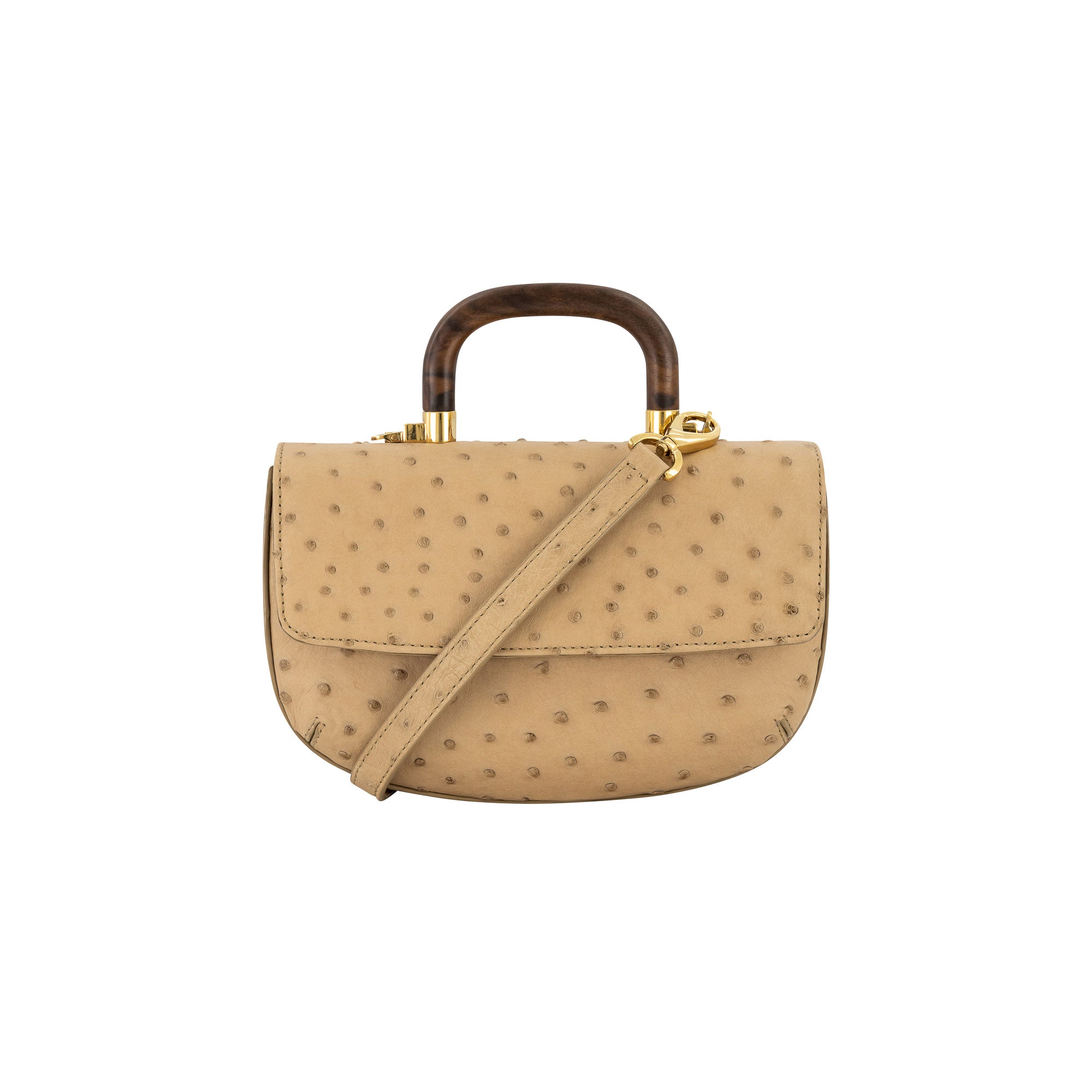 Front of a tan ostrich handbag with a strap and wooden handle on a white background