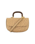 Front of a tan ostrich handbag with a strap and wooden handle on a white background