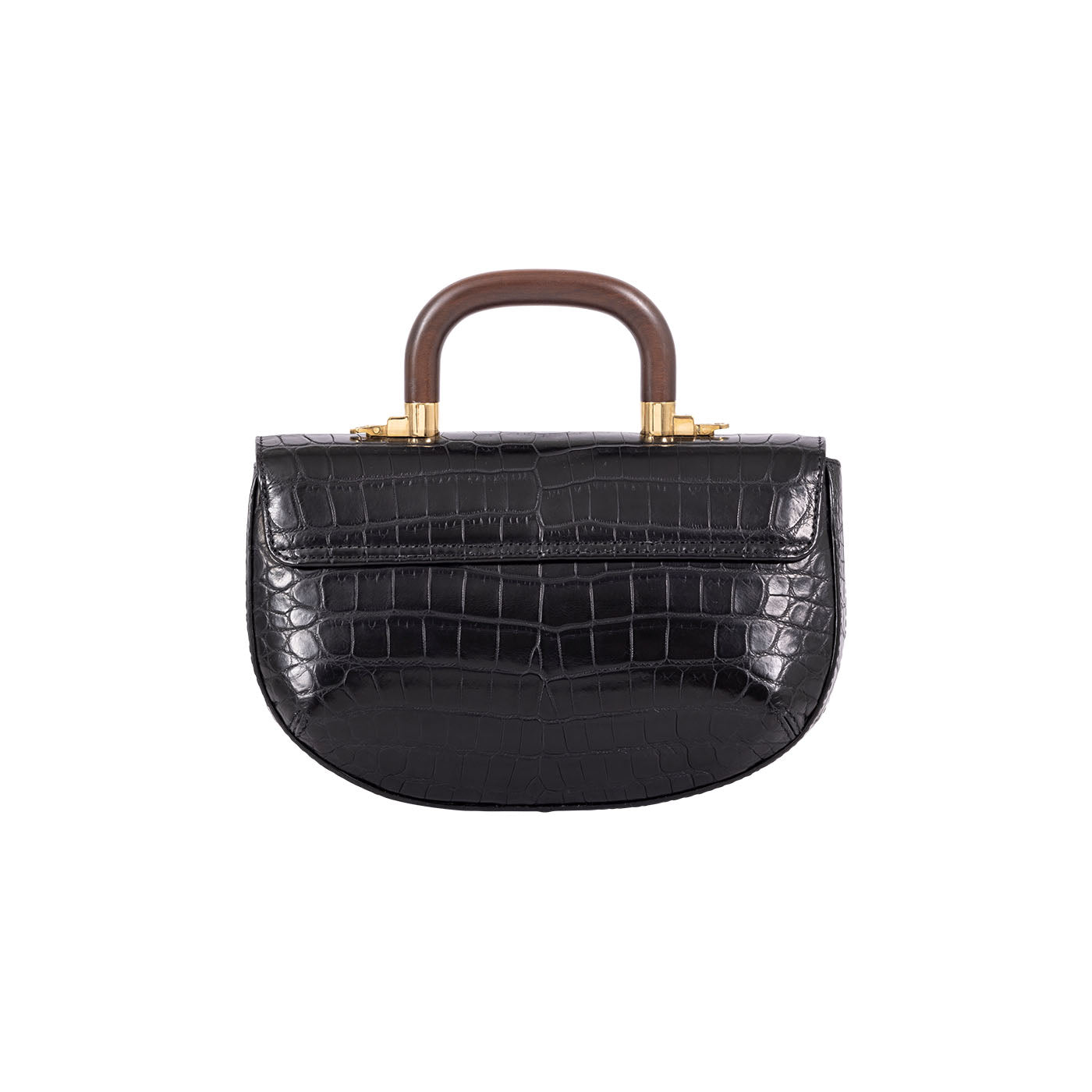 Back of a black crocodile-patterned handbag with wooden handle on a white background