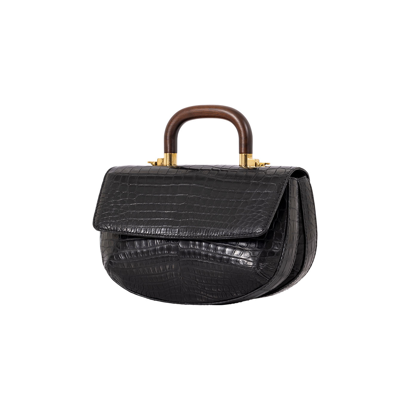 Side of a black crocodile-patterned handbag with wooden handle on a white background