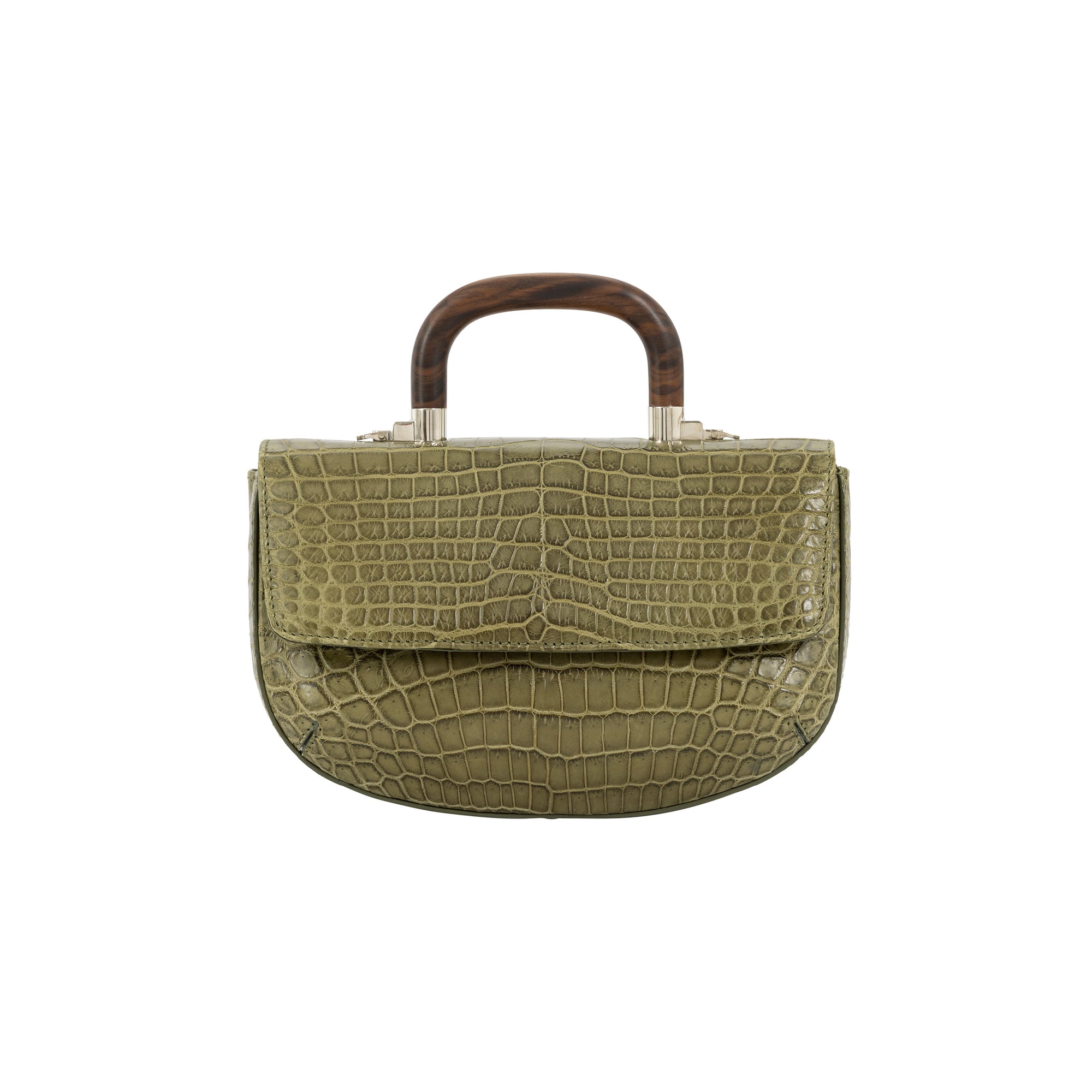 Front of a forest green crocodile handbag with a wooden handle on a white background