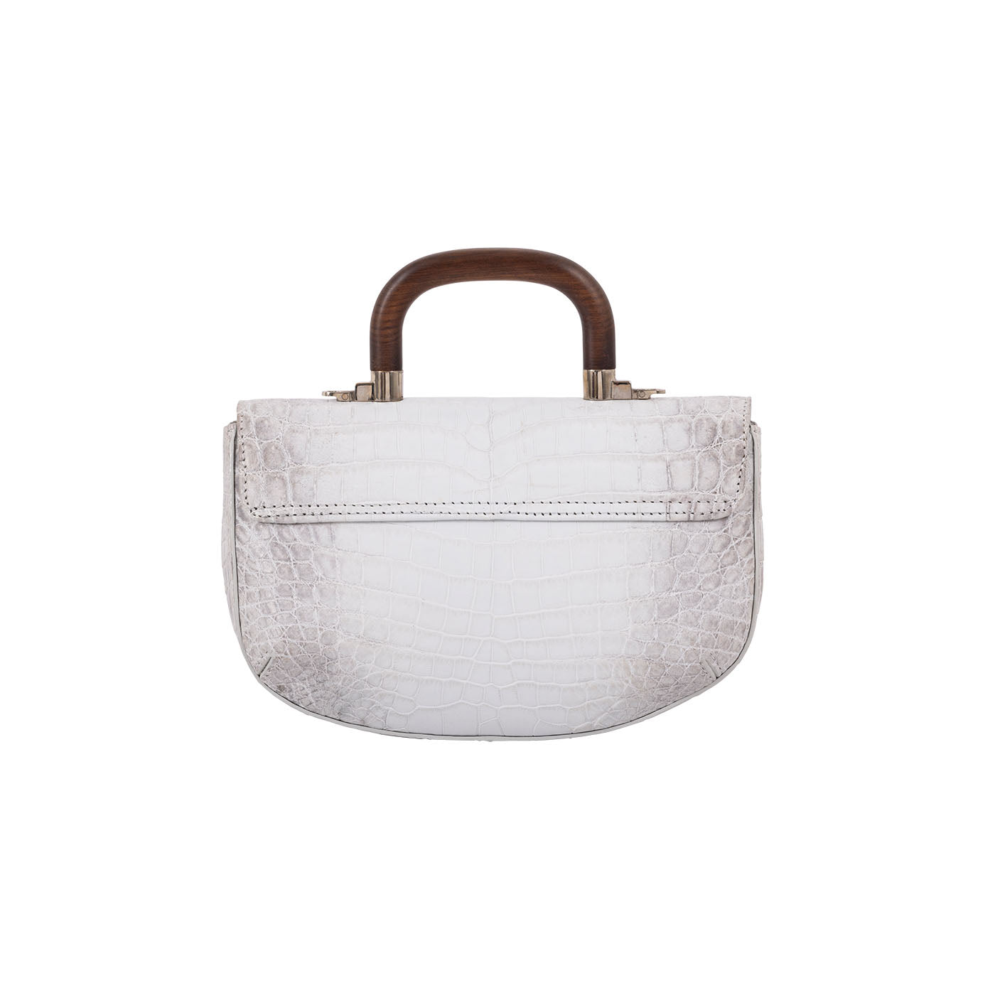 Back of a white crocodile handbag with a wooden handle on a white background
