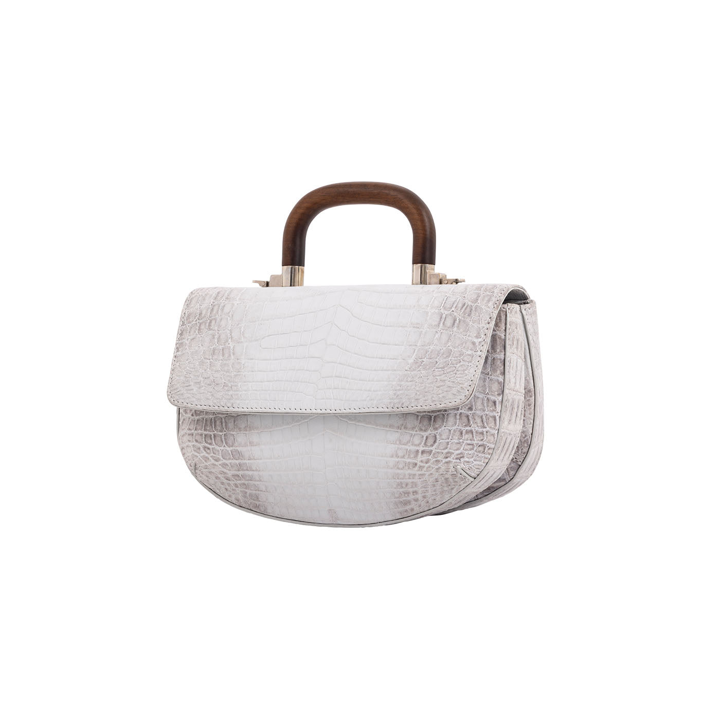 Side of a white crocodile handbag with wooden handle on a white background