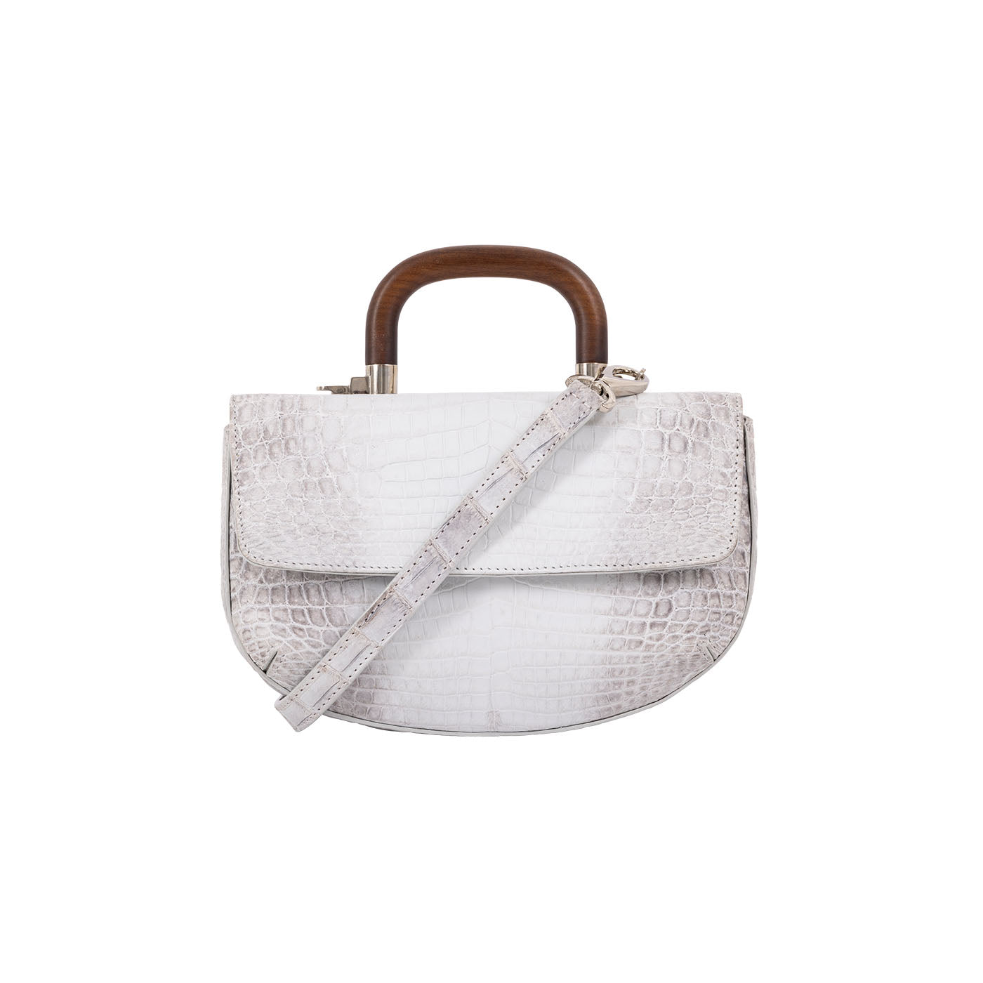 Front of a white crocodile handbag with a strap and wooden handle on a white background